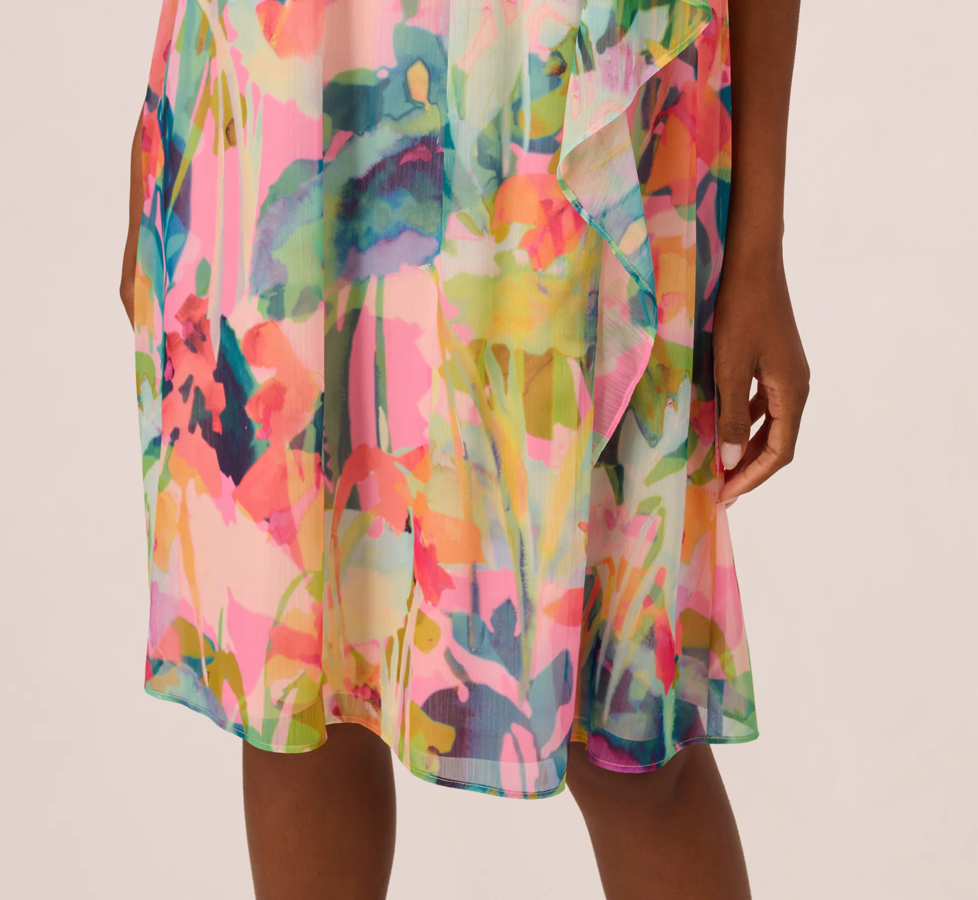 Floral Ruffle Chiffon Halter Trapeze Dress In Pink Multi - Image 3