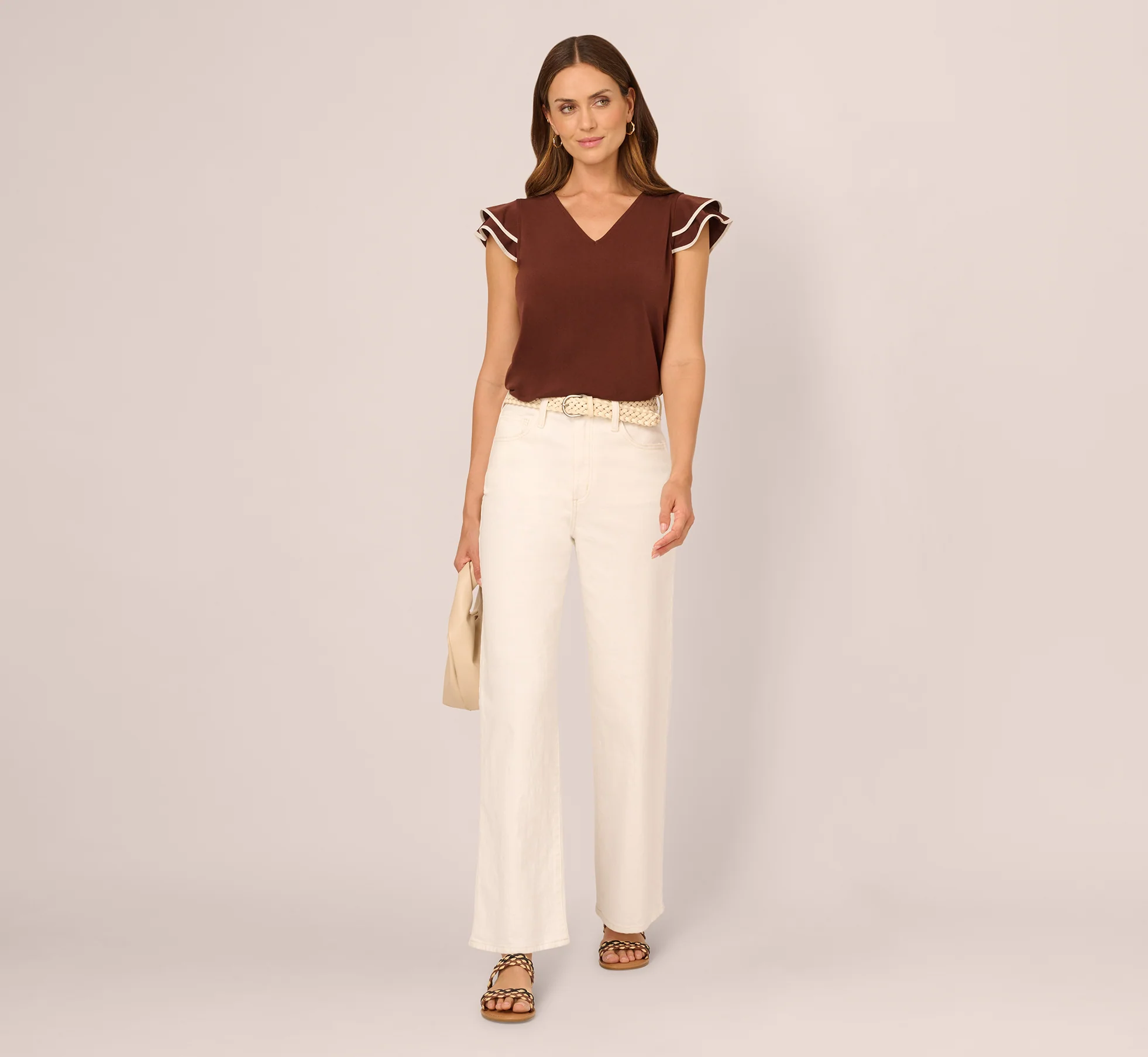 Flutter Sleeve Contrast Tipped Top In Shaved Chocolate Ecru - Image 3