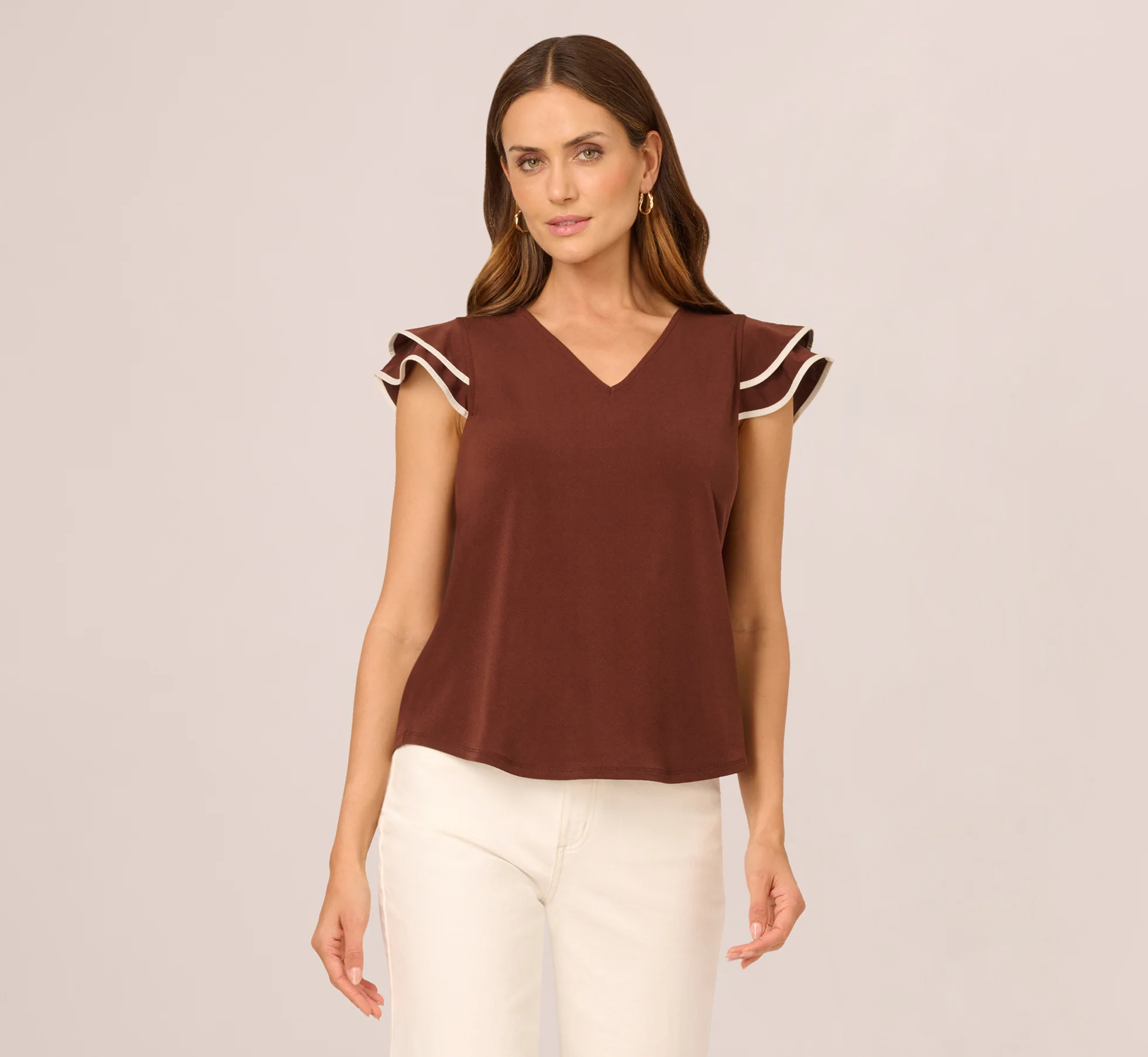 Flutter Sleeve Contrast Tipped Top In Shaved Chocolate Ecru - Image 4