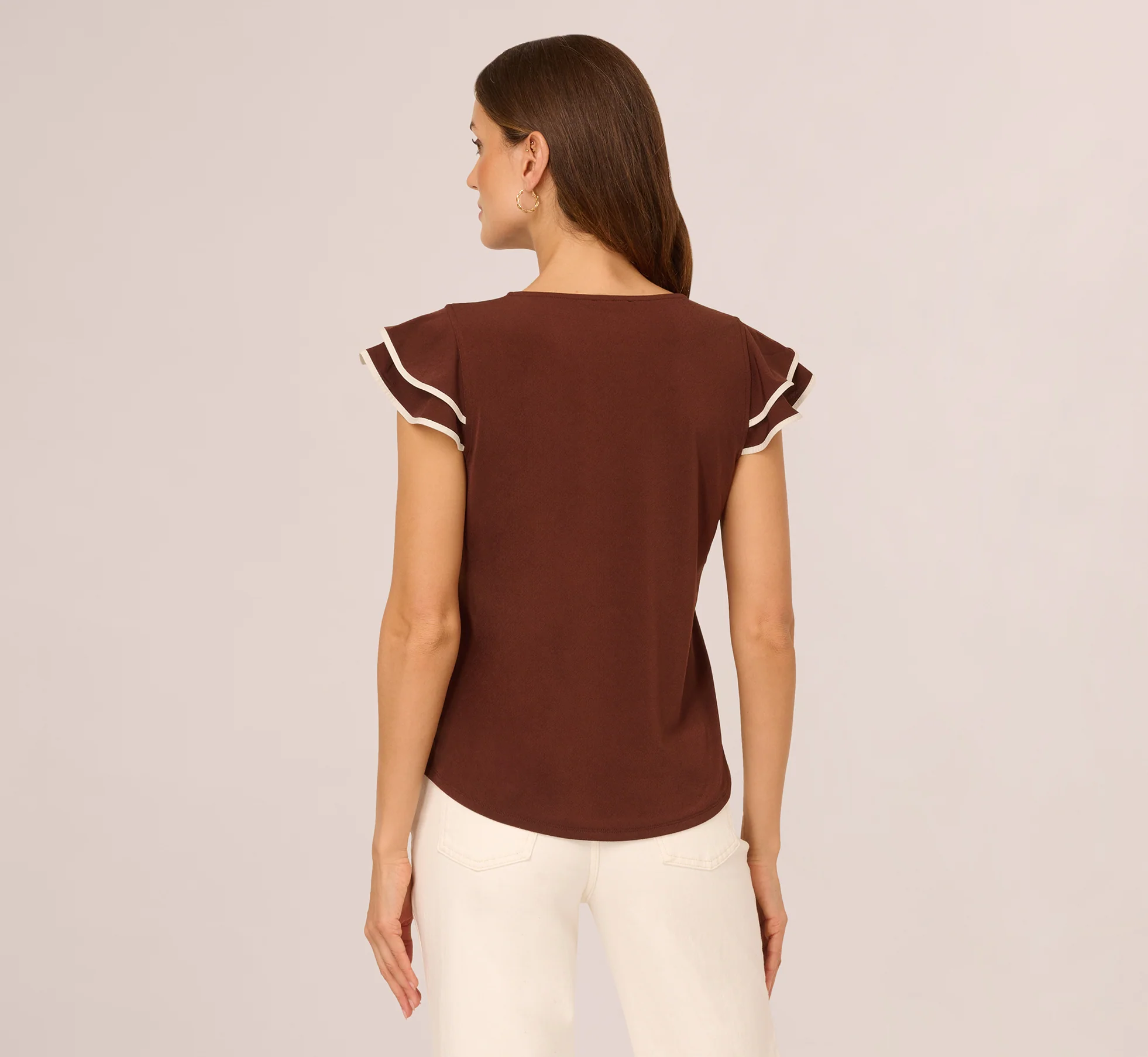 Flutter Sleeve Contrast Tipped Top In Shaved Chocolate Ecru - Image 7