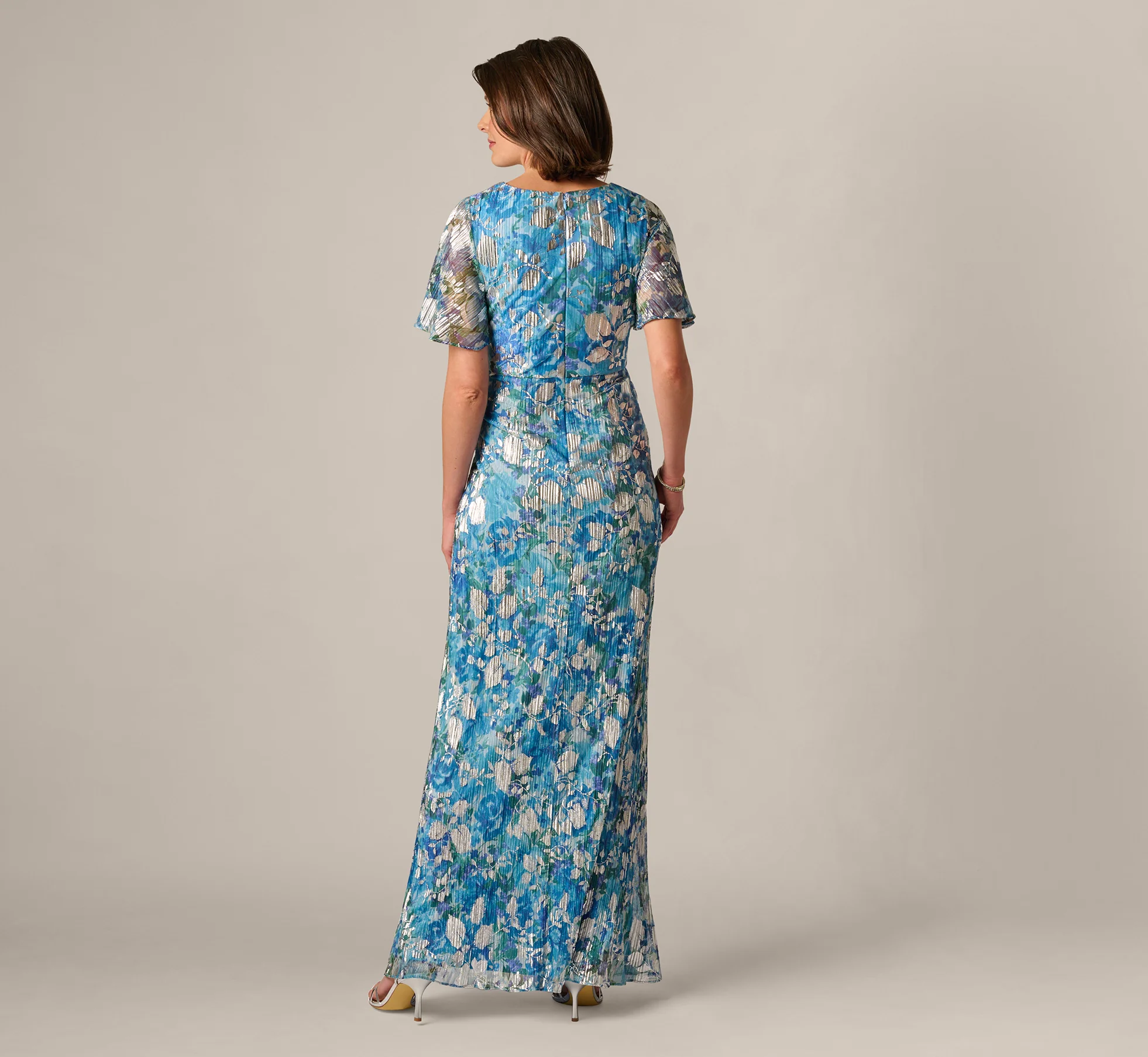 Flutter Sleeve Crinkle Foil Floral Gown In Blue Multi - Image 5