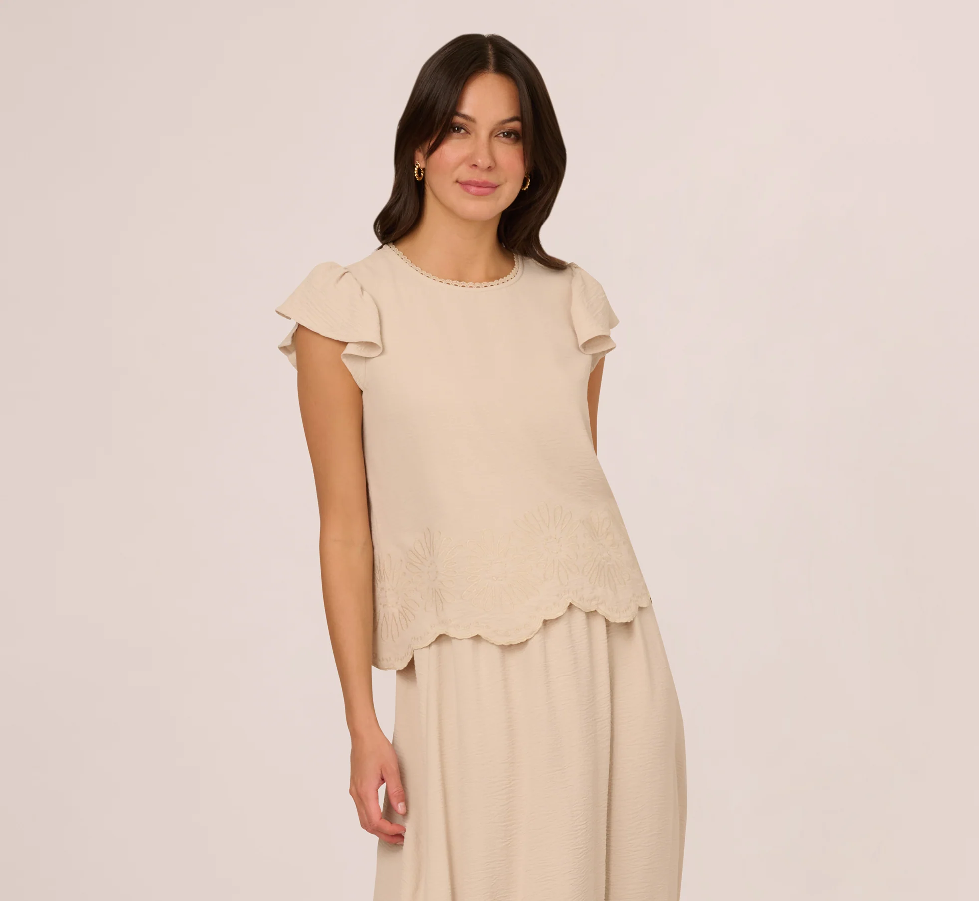 Flutter Sleeve Embroidery Scalloped Hem Top In Bamboo Wood - Image 3