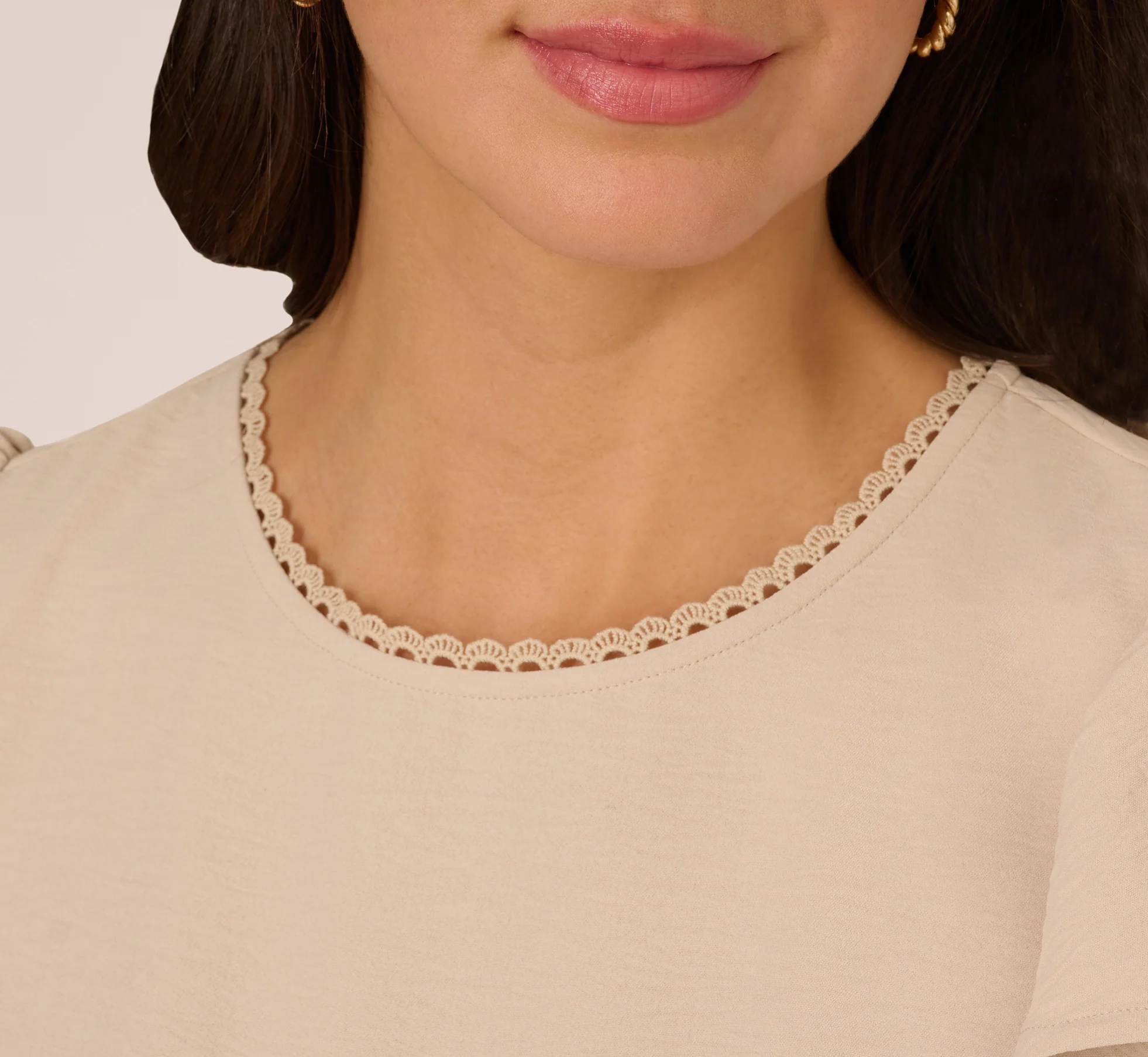 Flutter Sleeve Embroidery Scalloped Hem Top In Bamboo Wood - Image 4