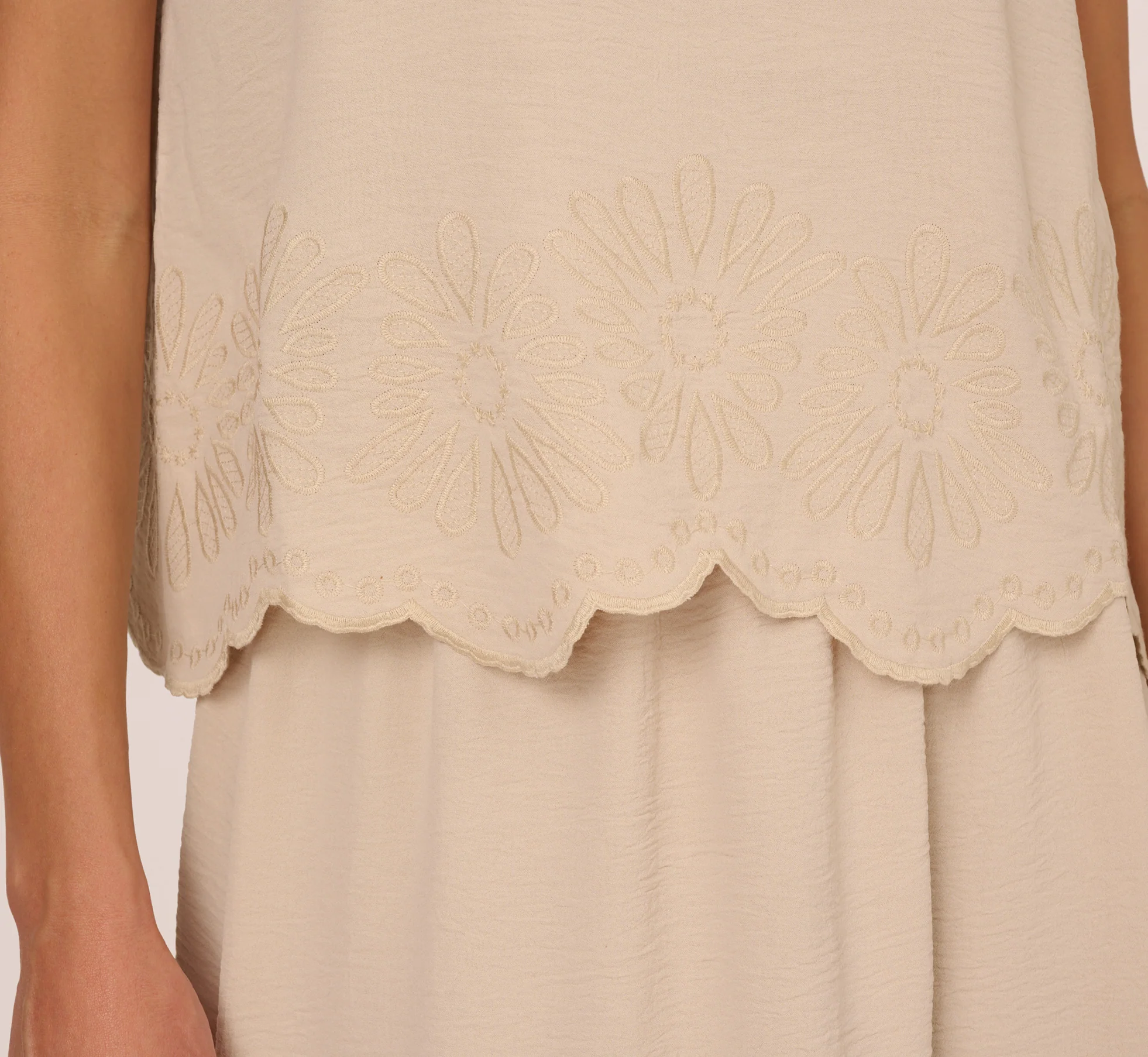 Flutter Sleeve Embroidery Scalloped Hem Top In Bamboo Wood - Image 5