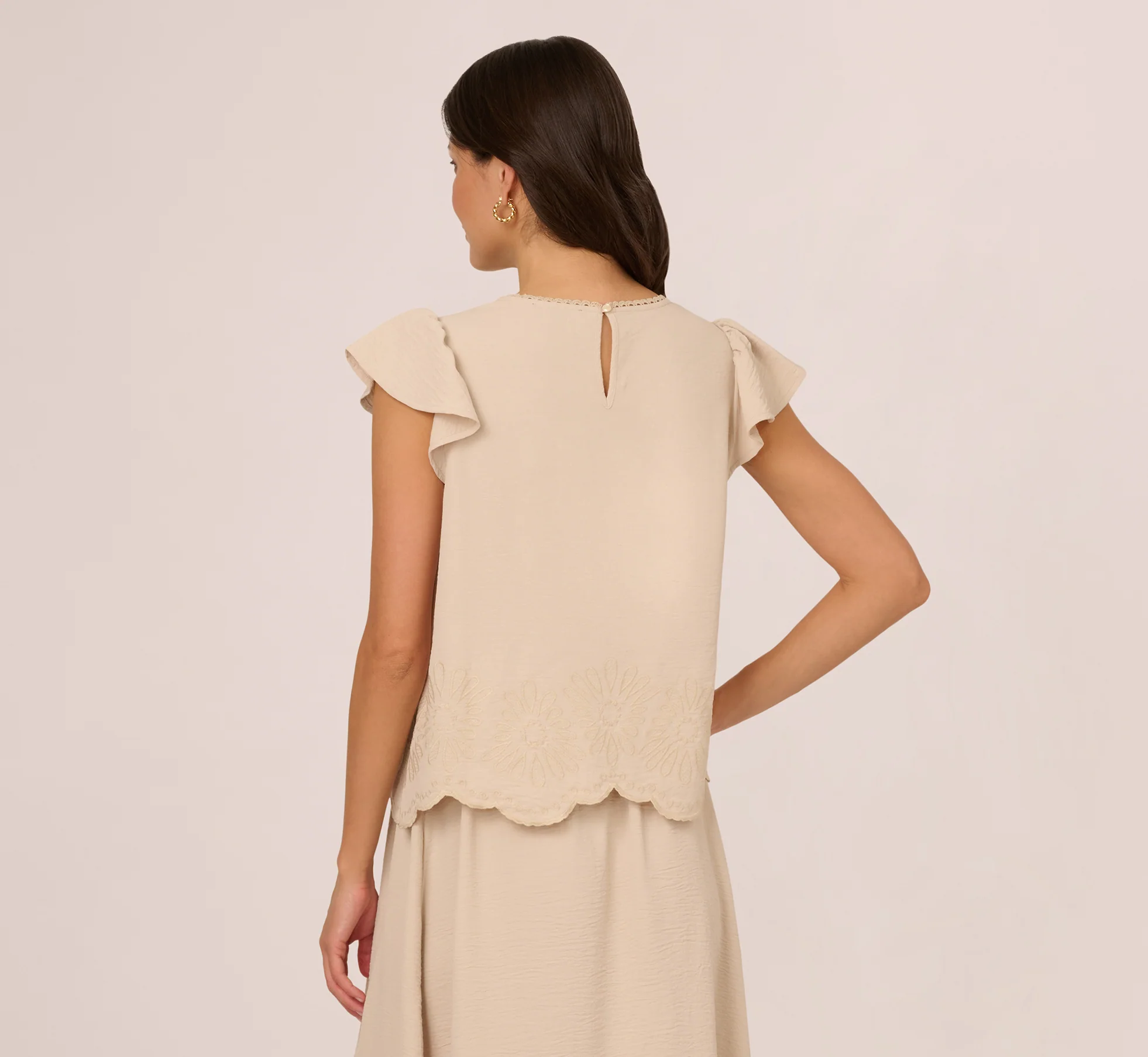 Flutter Sleeve Embroidery Scalloped Hem Top In Bamboo Wood - Image 6