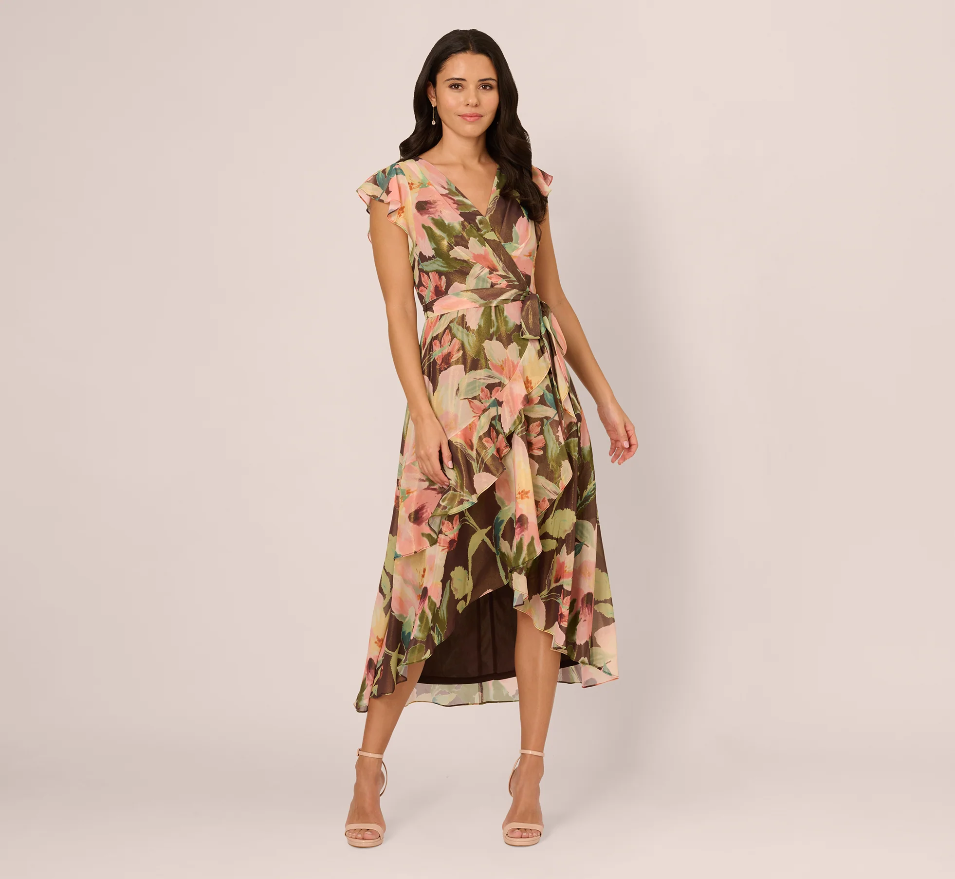 Flutter Sleeve High Low Midi Wrap Dress In Brown Multi - Image 2