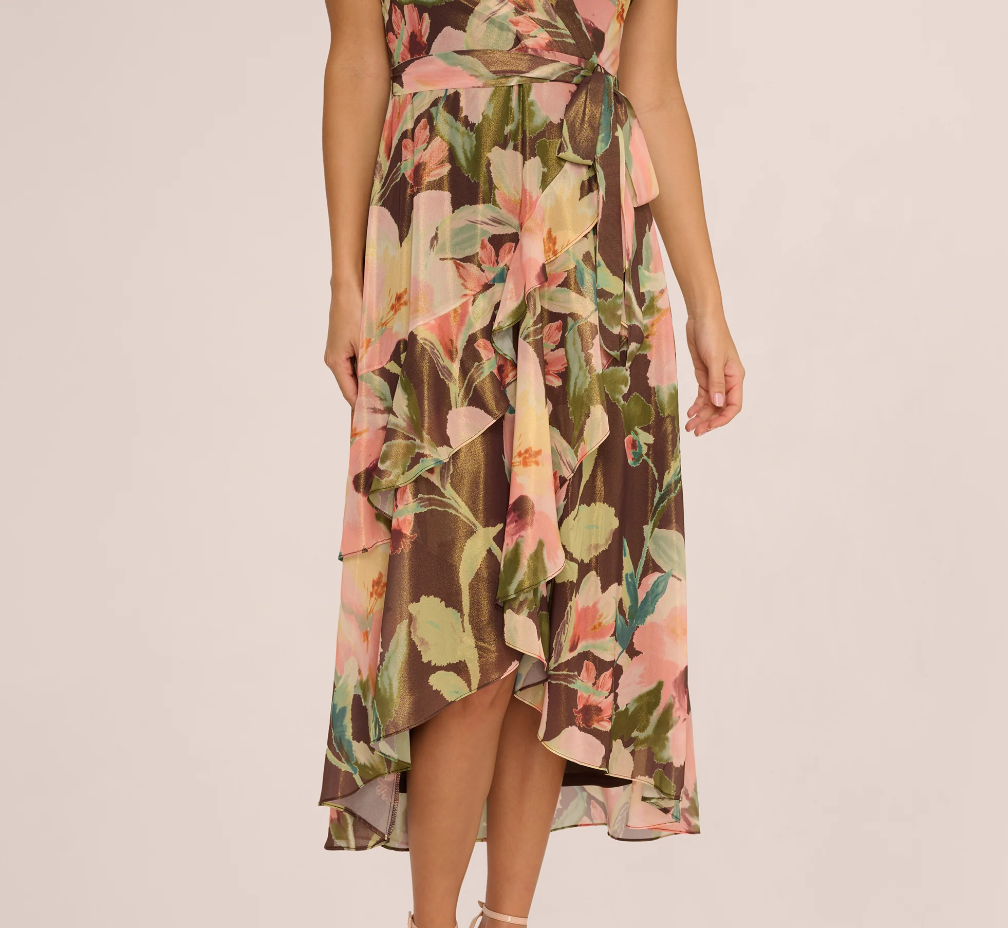 Flutter Sleeve High Low Midi Wrap Dress In Brown Multi - Image 3