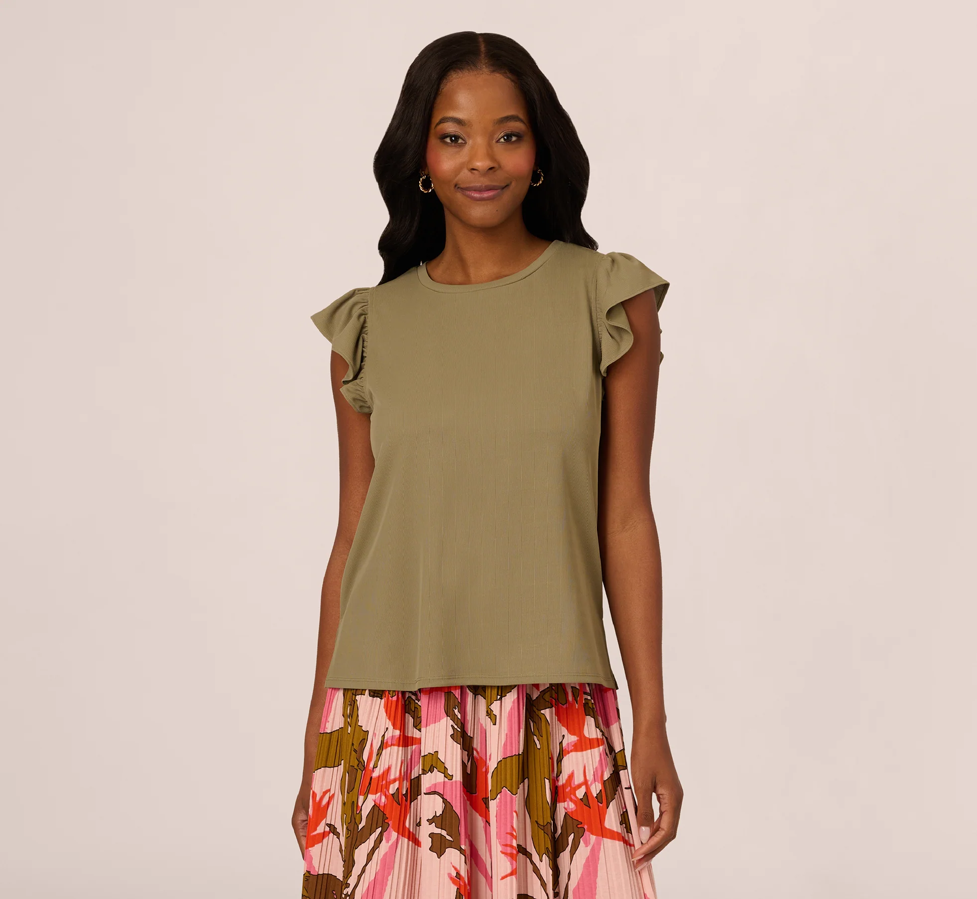 Flutter Sleeve Rib Knit Top In Army Green - Image 3