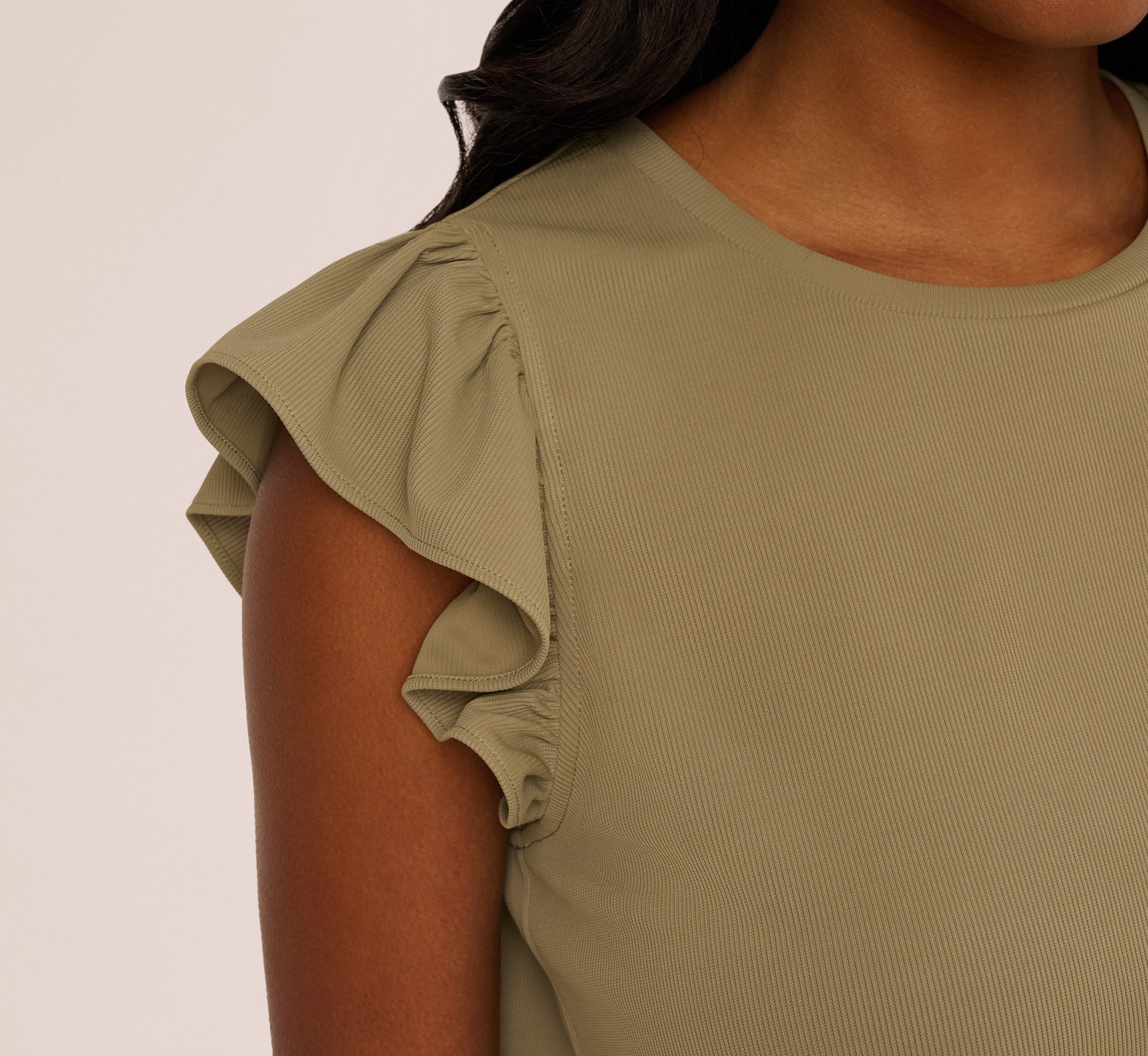 Flutter Sleeve Rib Knit Top In Army Green - Image 4