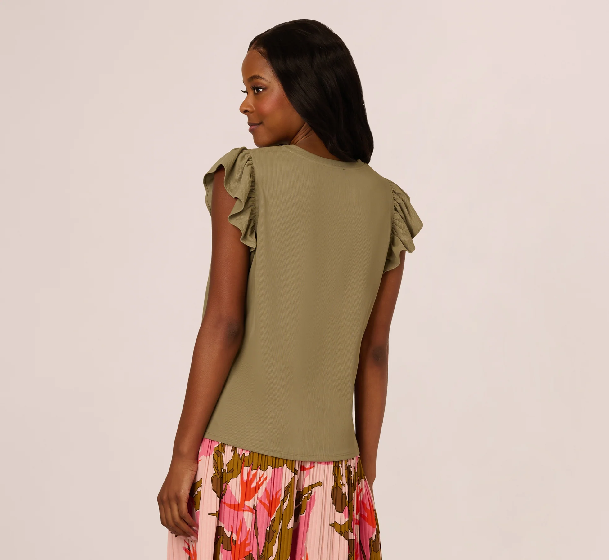 Flutter Sleeve Rib Knit Top In Army Green - Image 6
