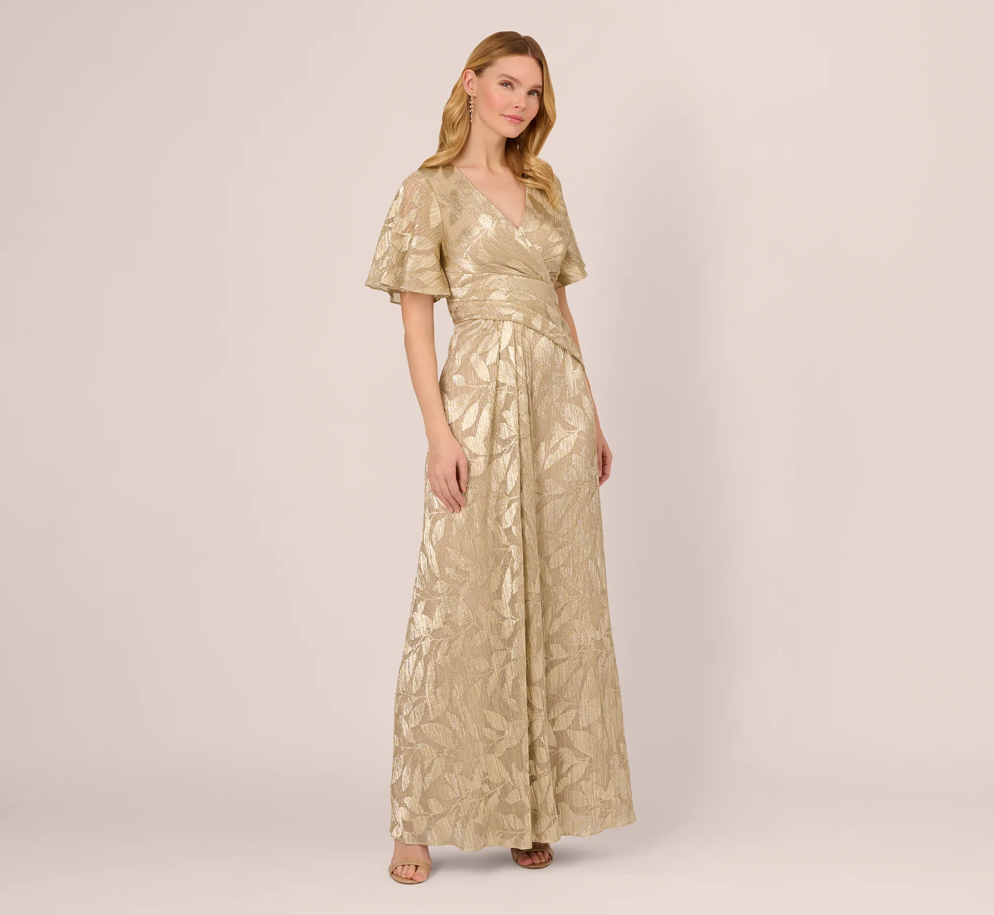 Foil Leaf Short Sleeve Gown With Draped Details In Champagne Gold - Image 3
