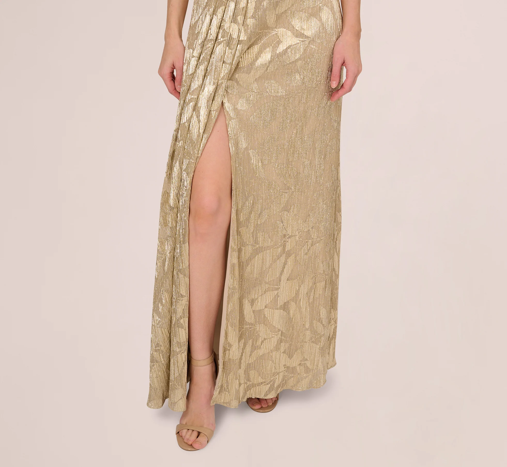 Foil Leaf Short Sleeve Gown With Draped Details In Champagne Gold - Image 5