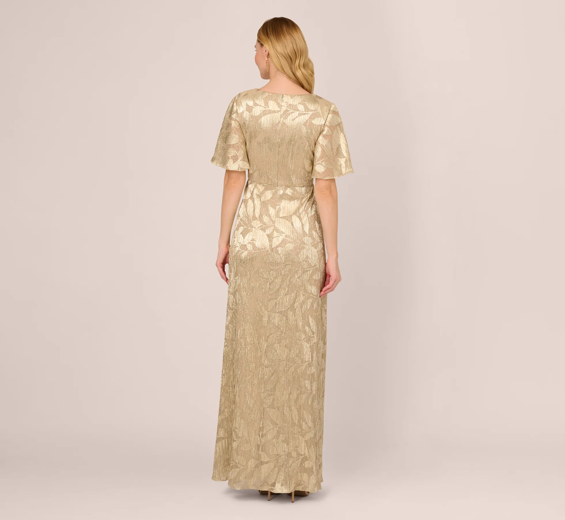 Foil Leaf Short Sleeve Gown With Draped Details In Champagne Gold - Image 6