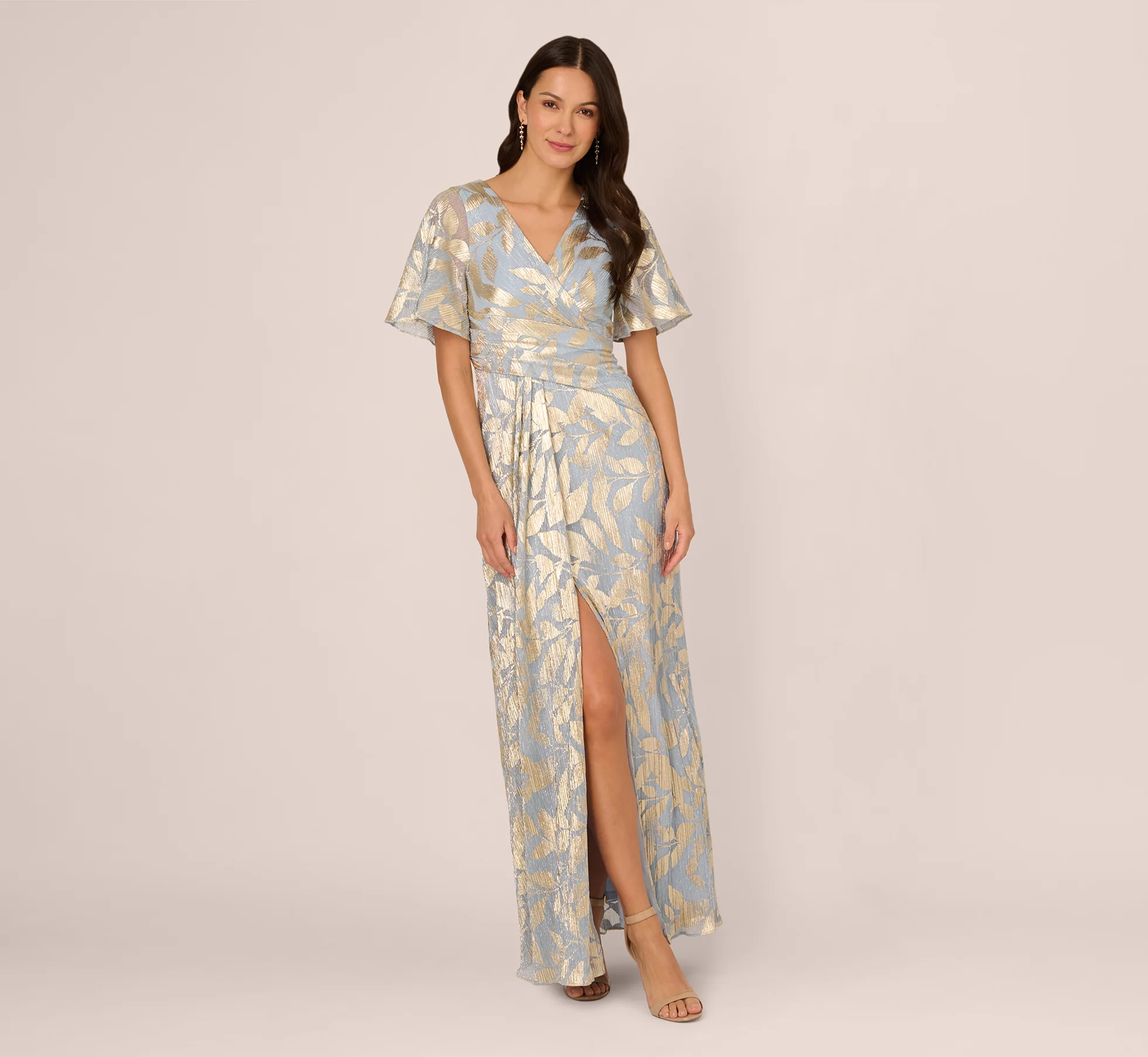 Foil Leaf Short Sleeve Gown With Draped Details In Light Blue Gold - Image 2