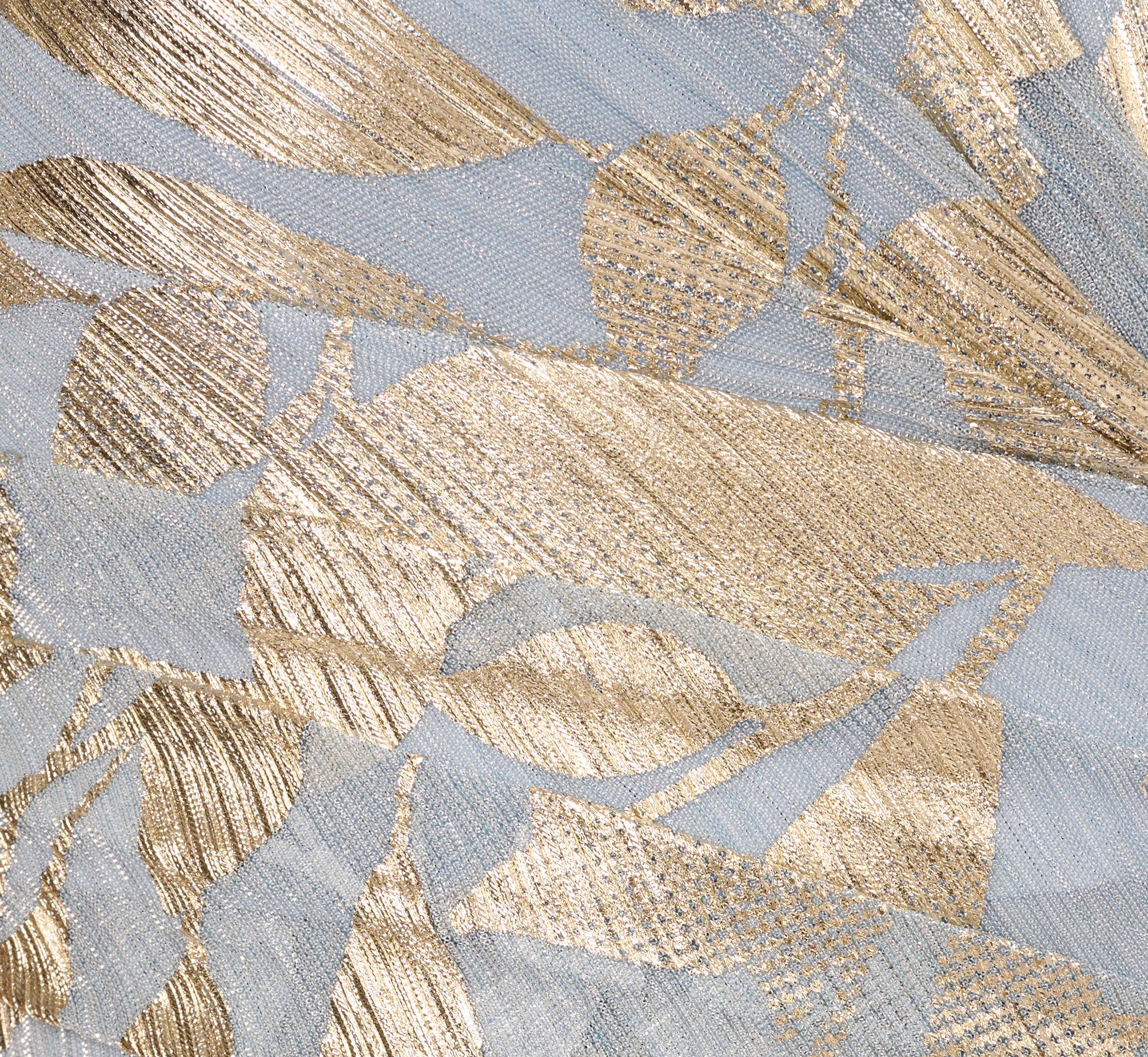Foil Leaf Short Sleeve Gown With Draped Details In Light Blue Gold - Image 6