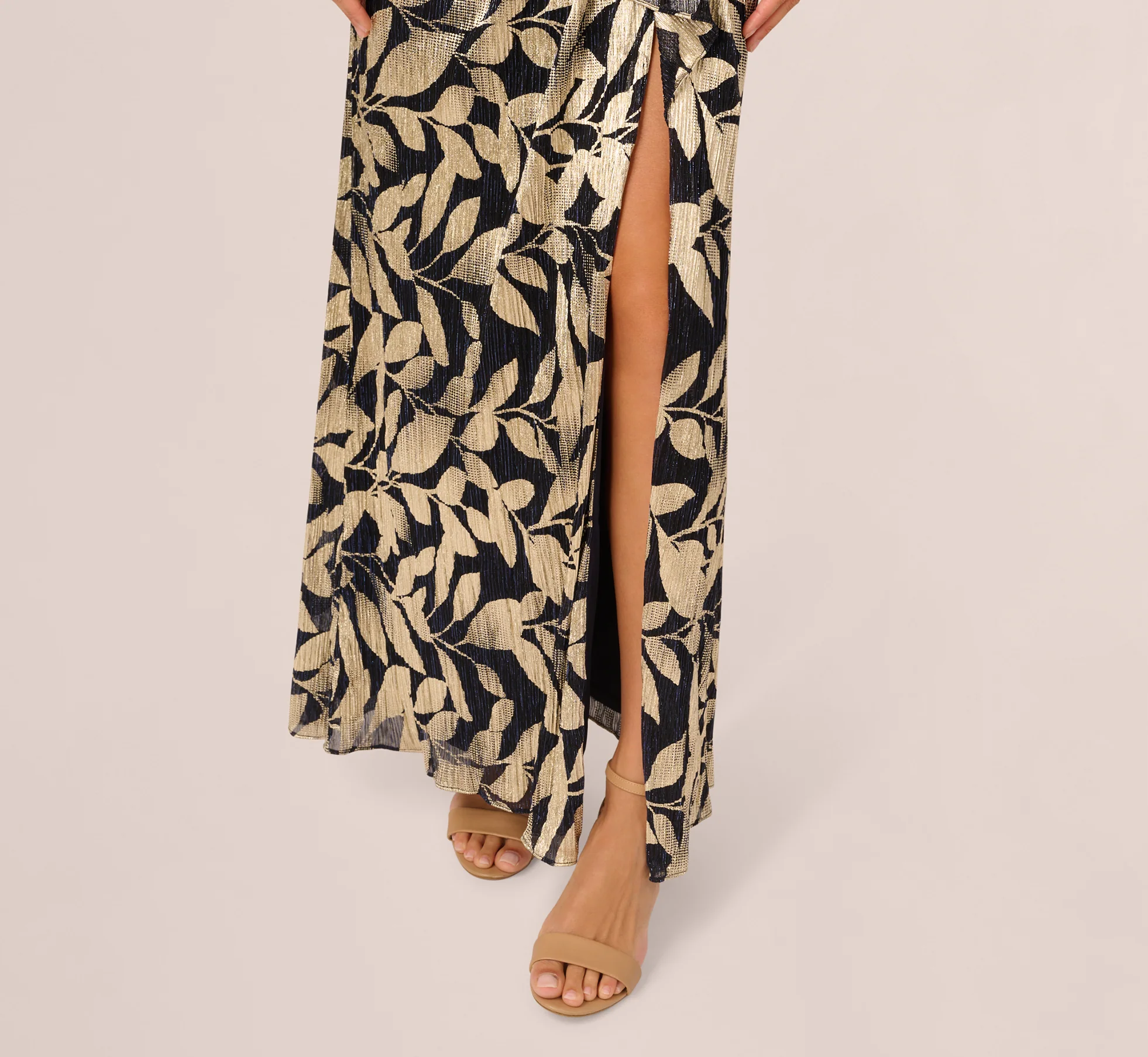 Foil Printed Asymmetric Gown With Ruffled Detail In Navy Gold - Image 5