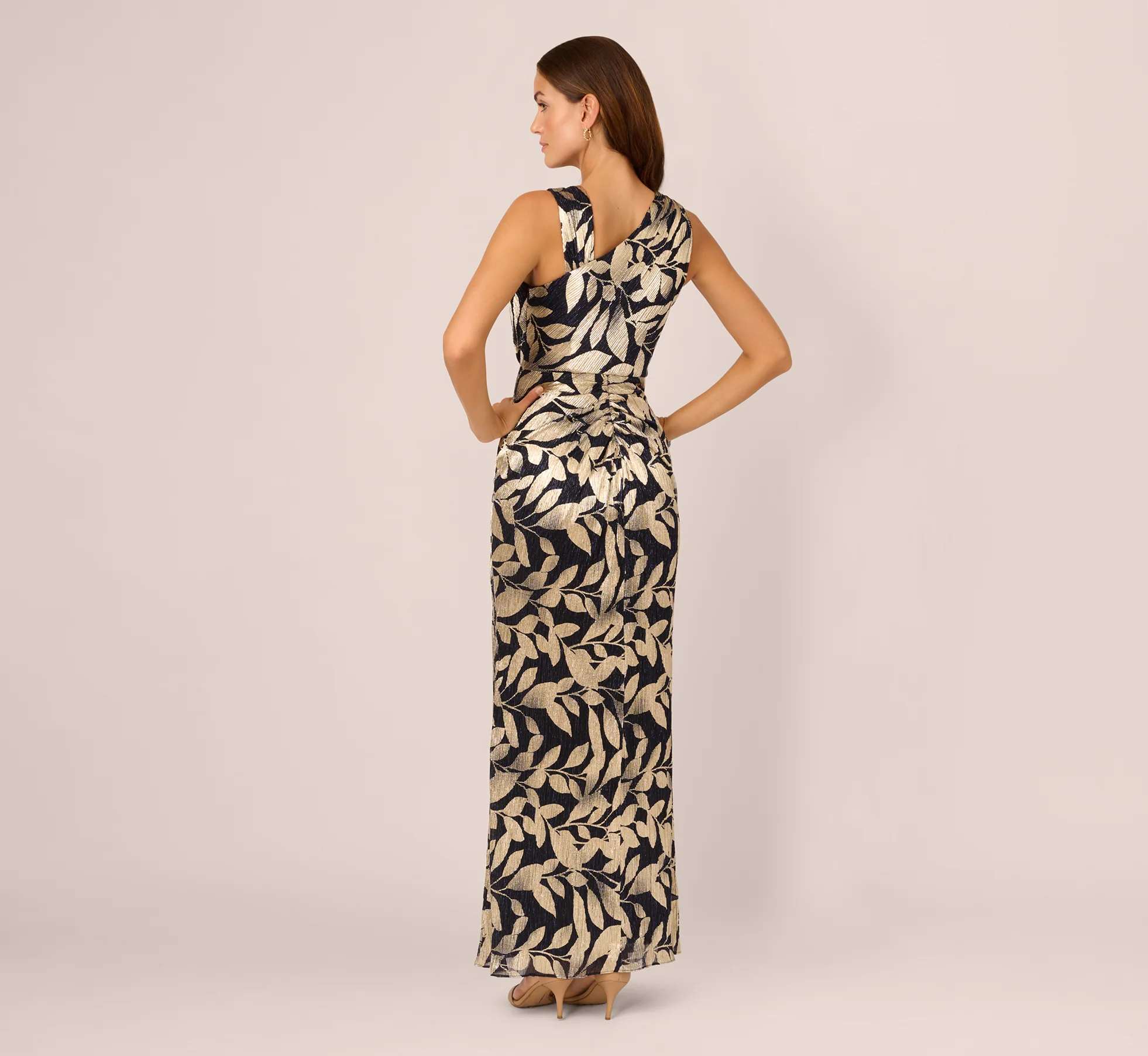 Foil Printed Asymmetric Gown With Ruffled Detail In Navy Gold - Image 6