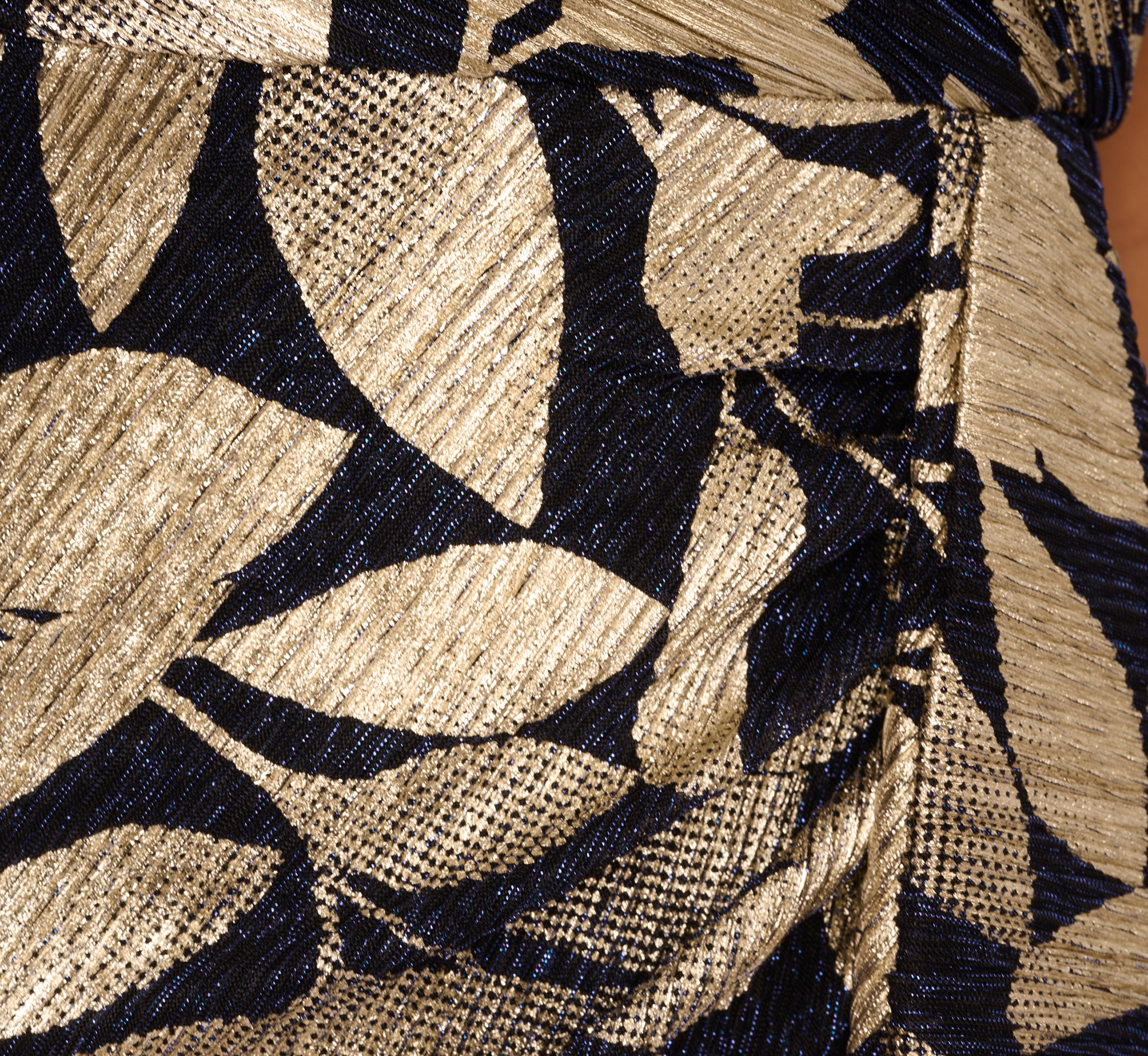 Foil Printed Asymmetric Gown With Ruffled Detail In Navy Gold - Image 7