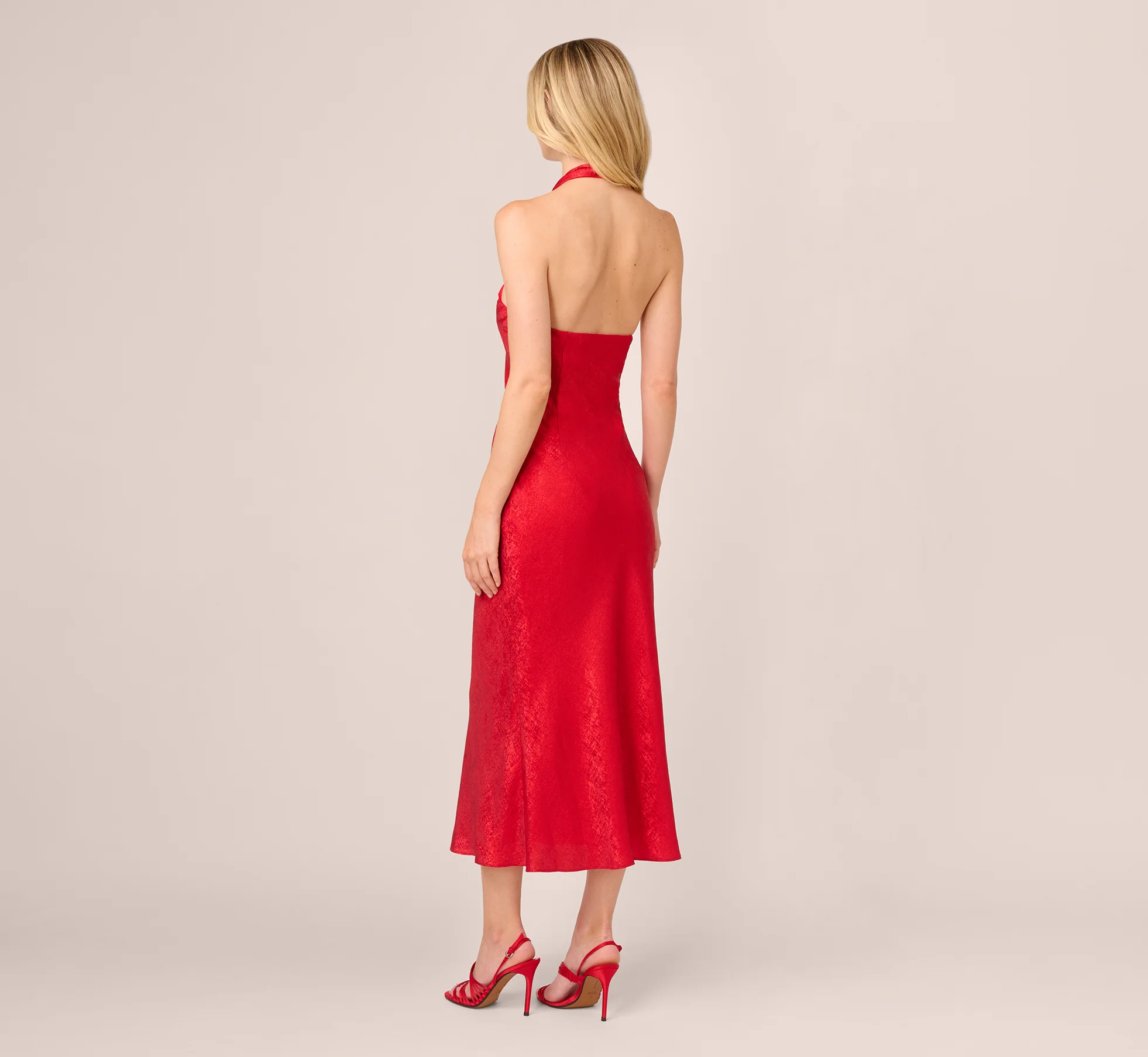 Foil Woven Halter Midi Dress In Red - Image 6
