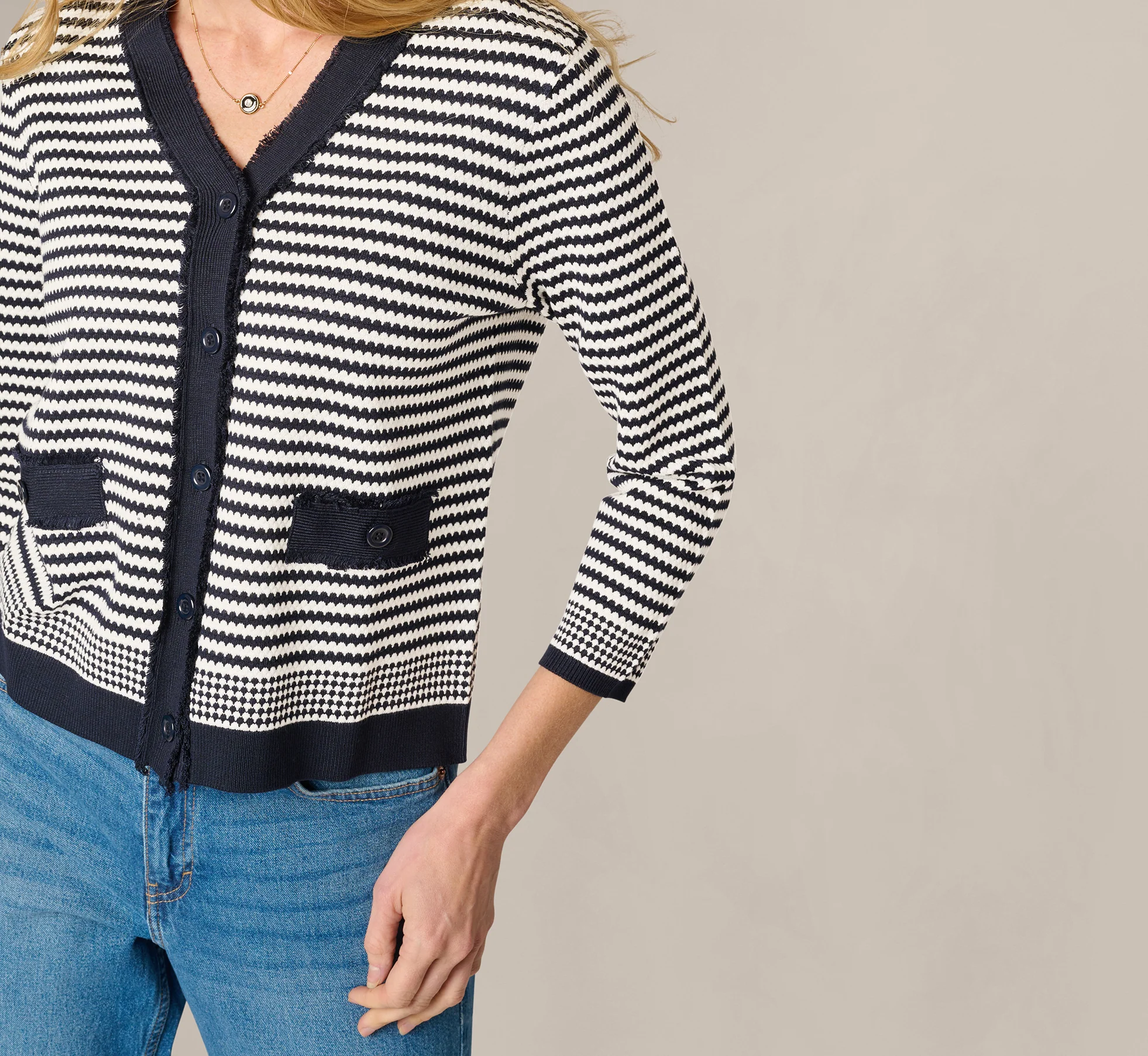 Fringe Trim Cardigan Sweater In Navy Ivory - Image 5
