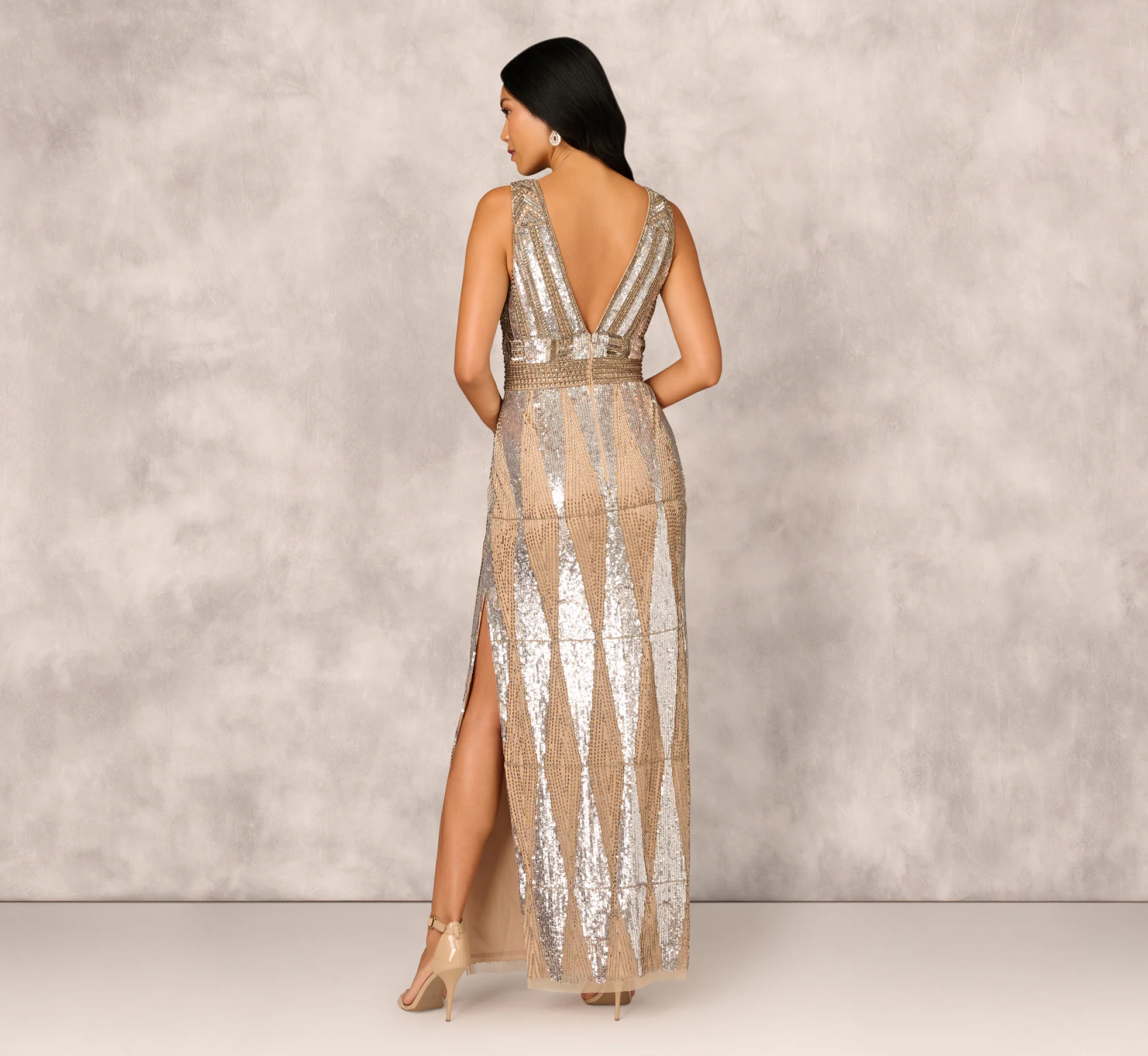 Fully Beaded Plunge Long Dress In Silver Multi - Image 5