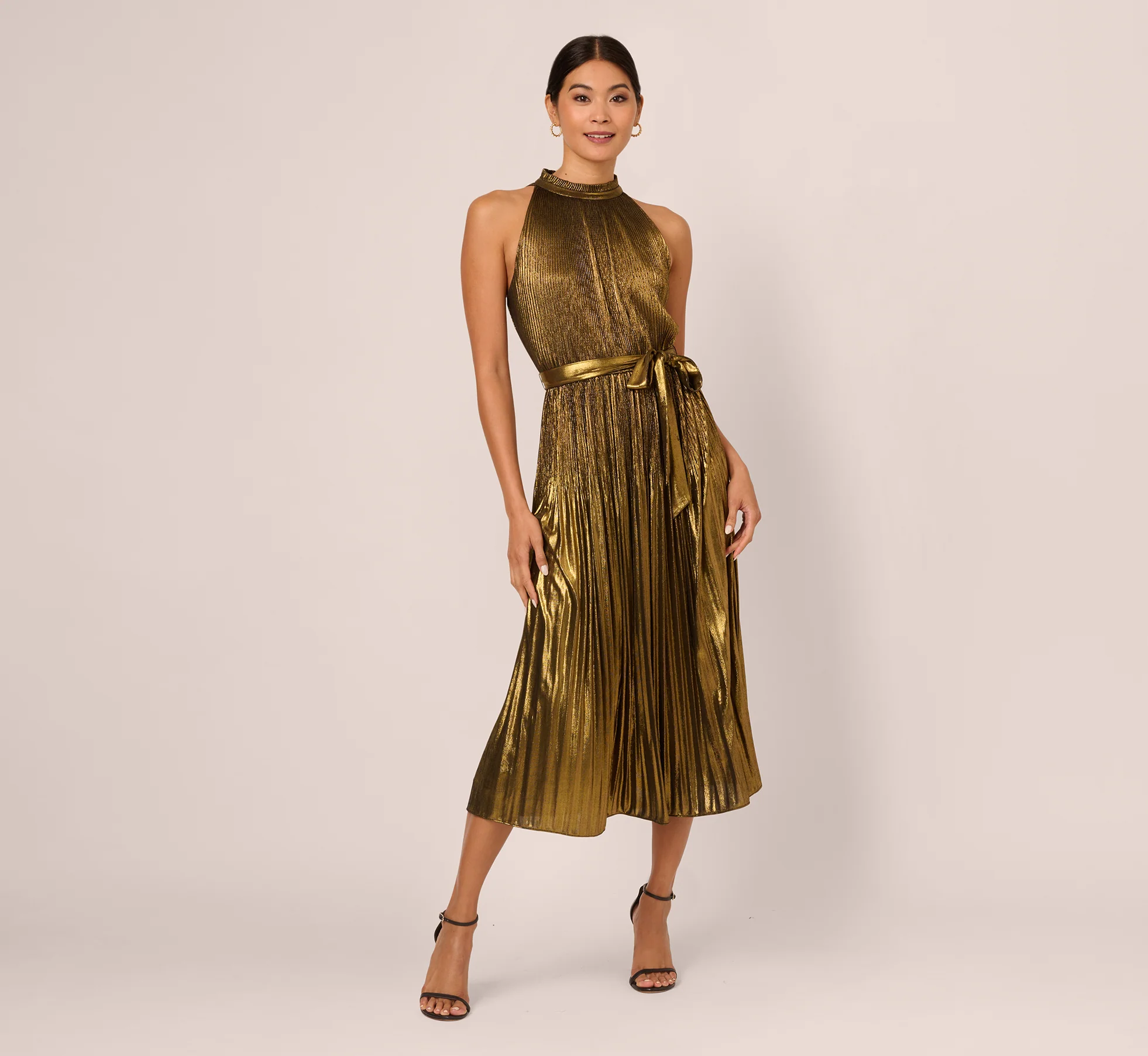 Halter Pleated Metallic Dress In Gold - Image 3