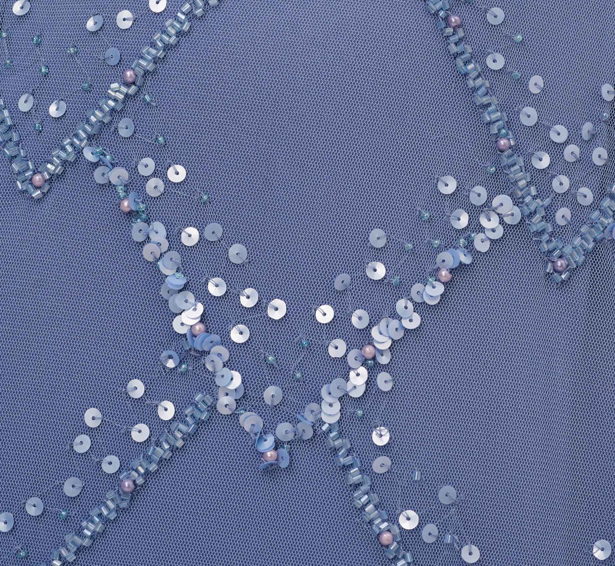 Hand-Beaded Blouson Long Gown With Flutter Sleeves In French Blue - Image 6