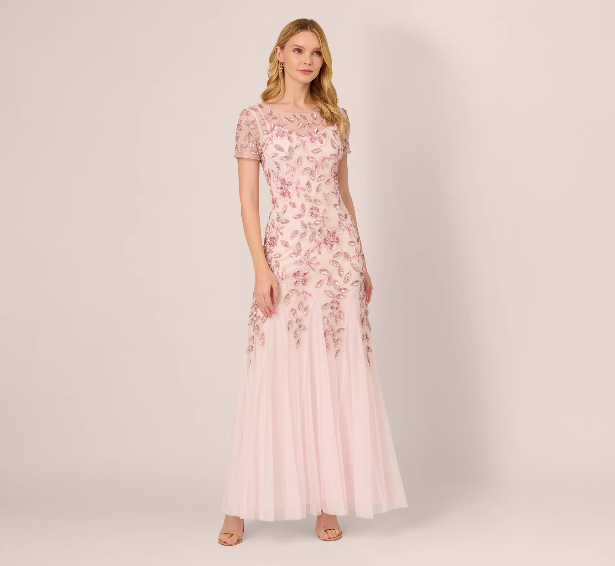 Hand Beaded Short Sleeve Floral Godet Gown In Blush Pink - Image 3