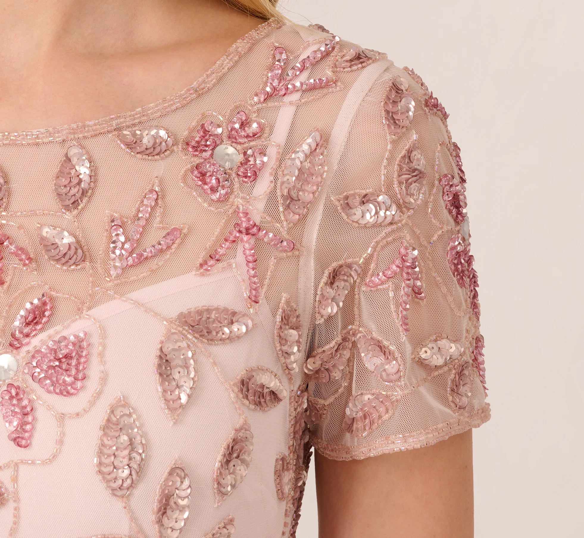 Hand Beaded Short Sleeve Floral Godet Gown In Blush Pink - Image 5