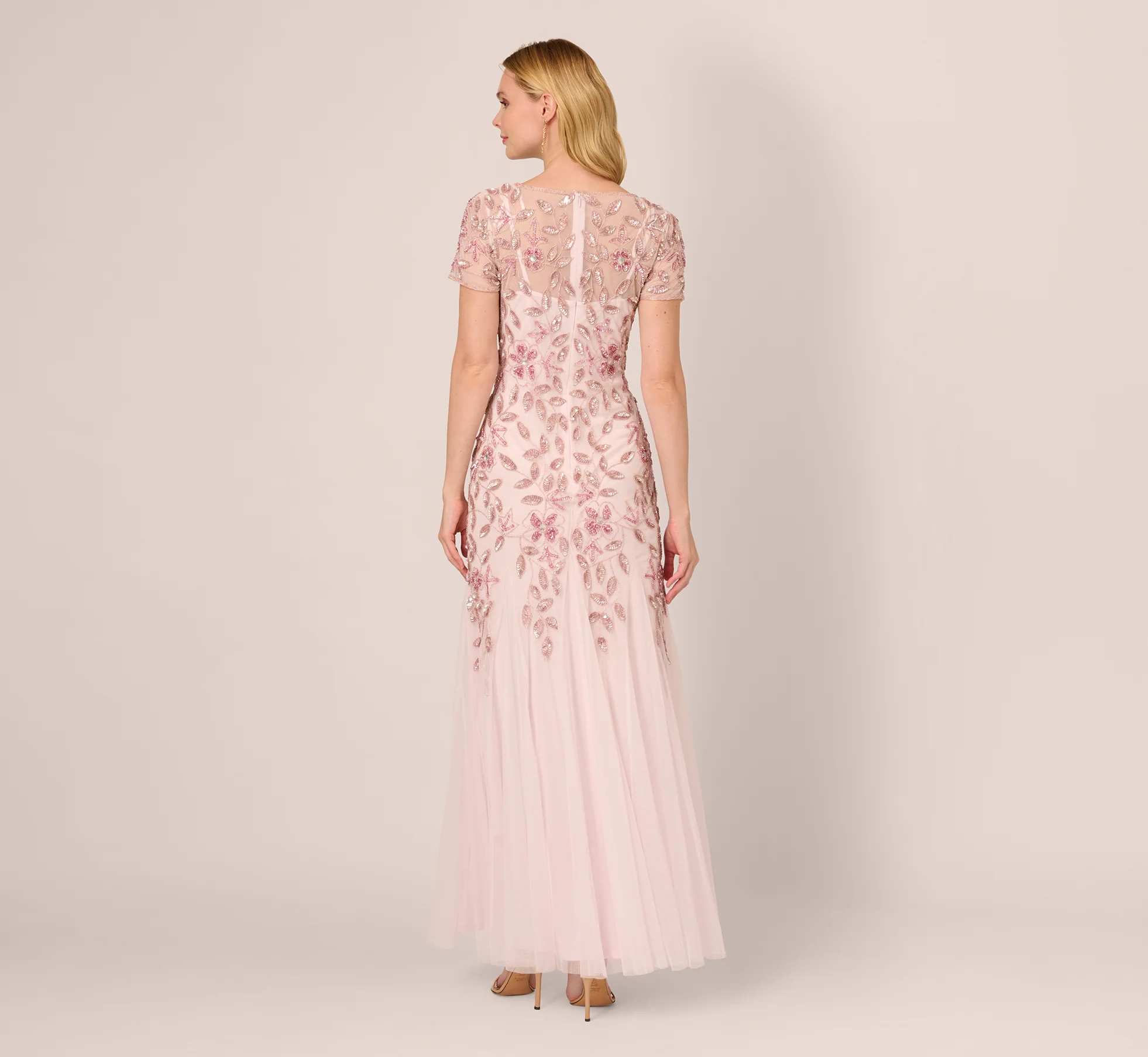 Hand Beaded Short Sleeve Floral Godet Gown In Blush Pink - Image 6