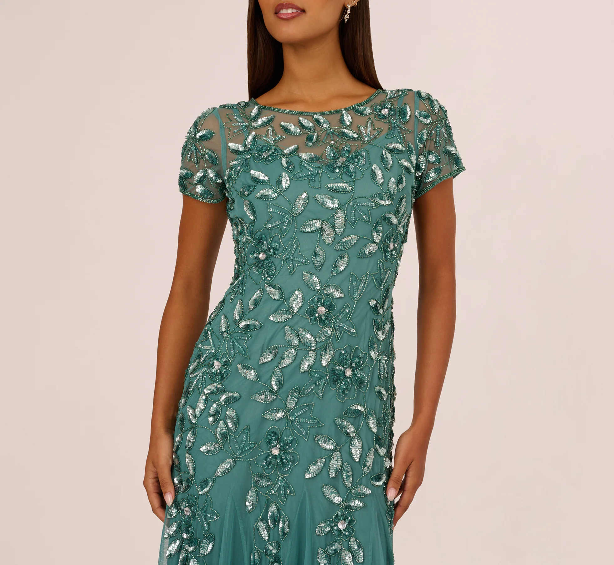Hand Beaded Short Sleeve Floral Godet Gown In Jade - Image 3