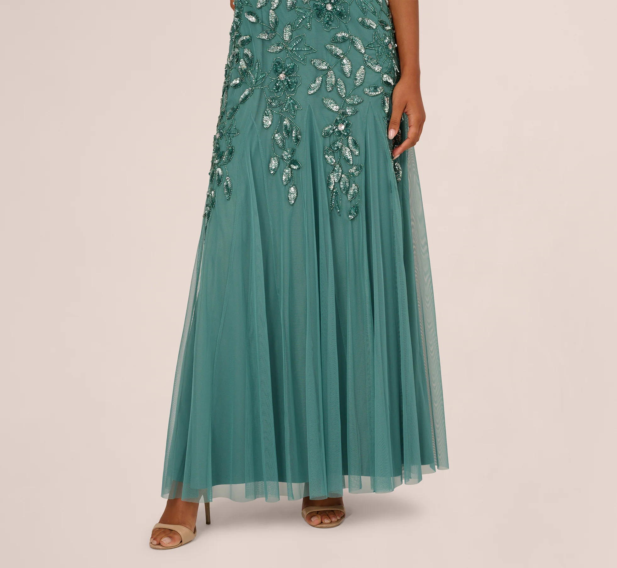 Hand Beaded Short Sleeve Floral Godet Gown In Jade - Image 4