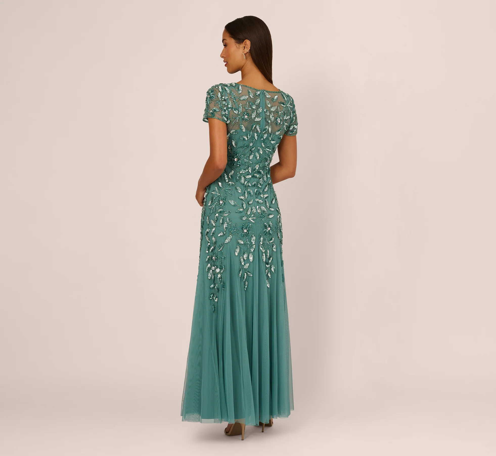 Hand Beaded Short Sleeve Floral Godet Gown In Jade - Image 5