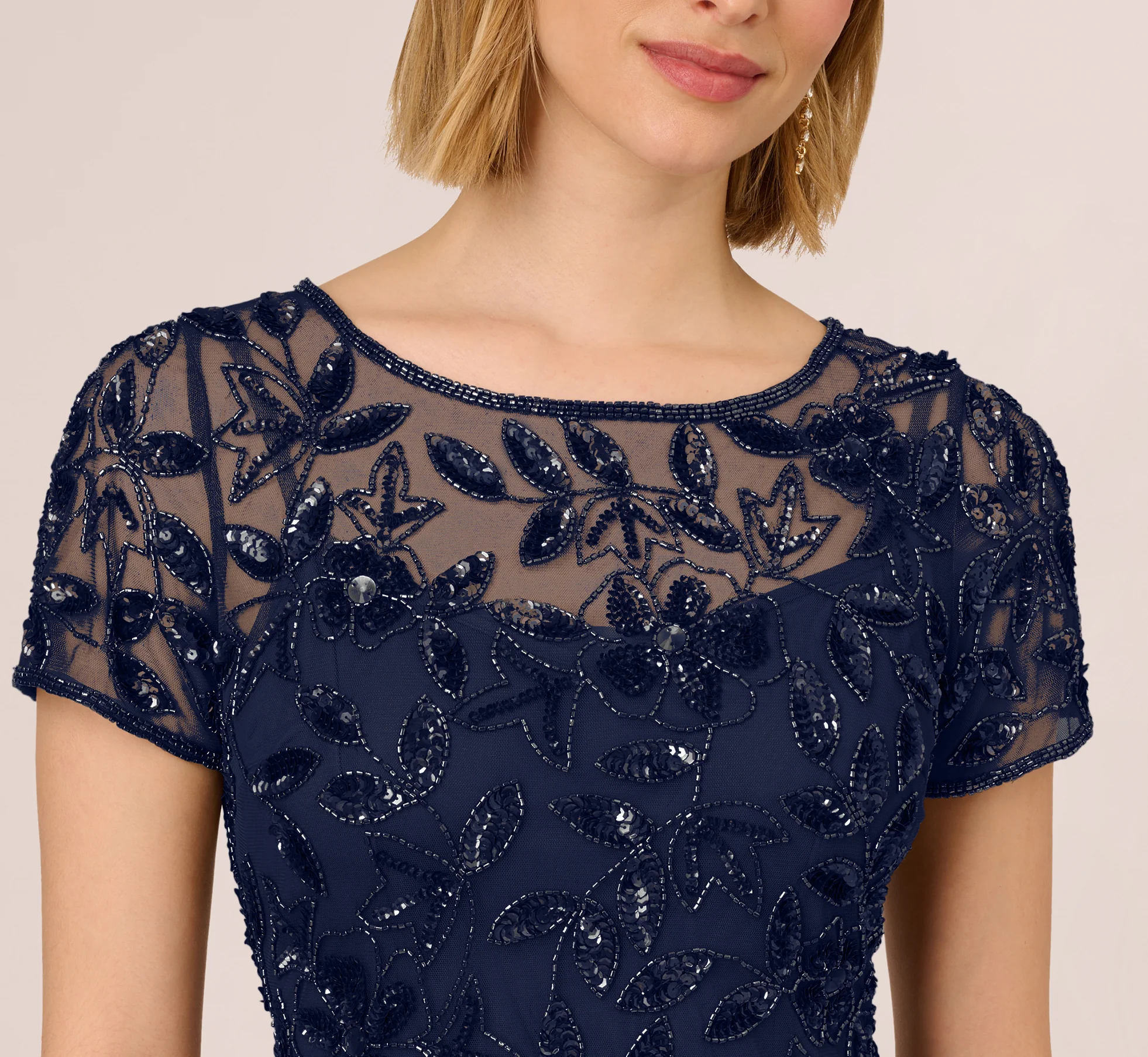 Hand Beaded Short Sleeve Floral Godet Gown In Light Navy - Image 3