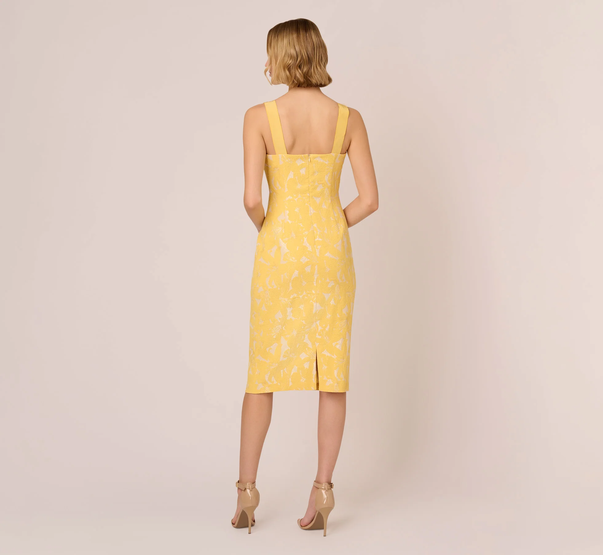 Hibiscus Jacquard Sheath Dress With Tucked Details In Sun - Image 5