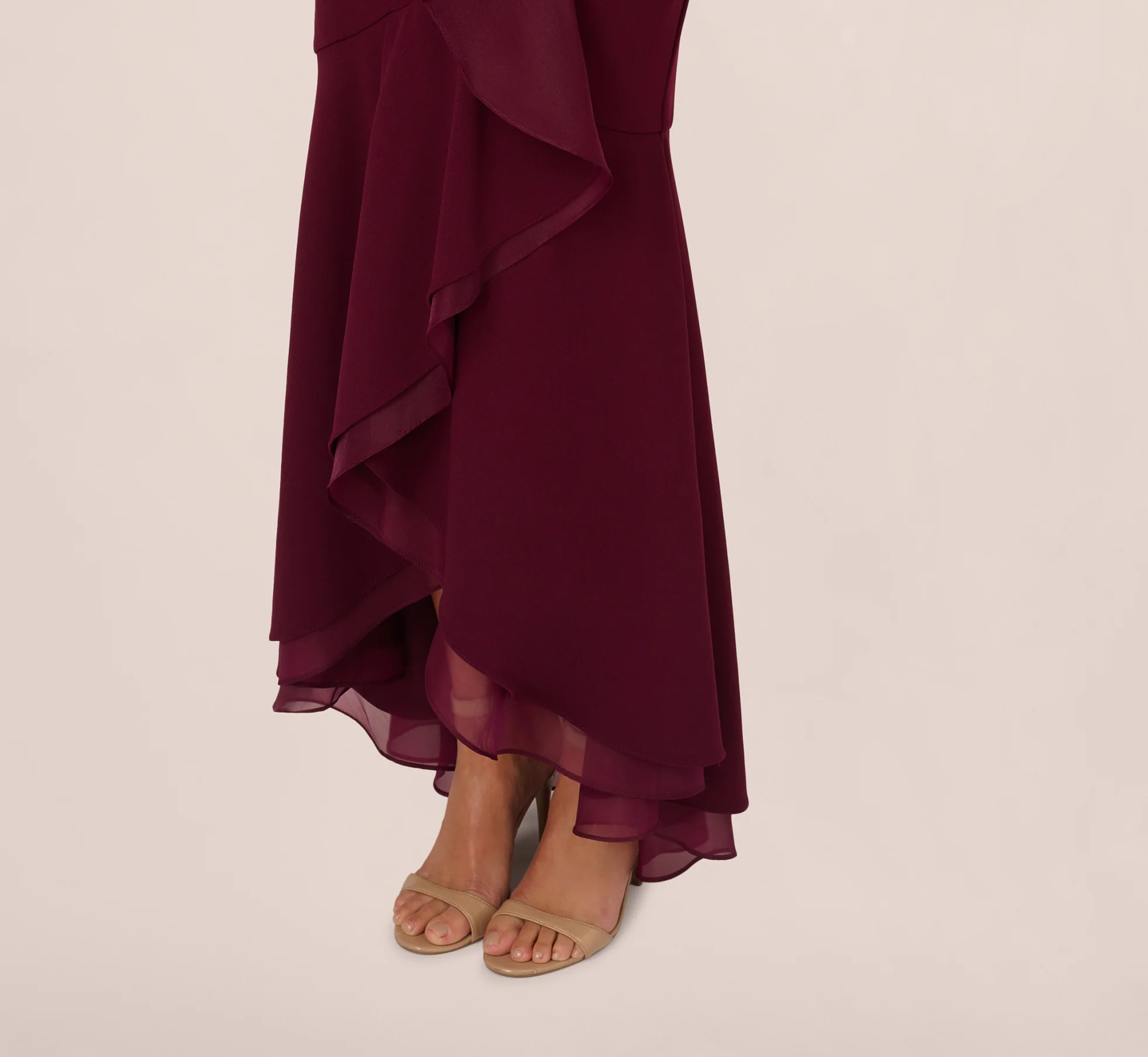 High Low Crepe Halter Gown With Organza Draping In Cabernet - Image 4
