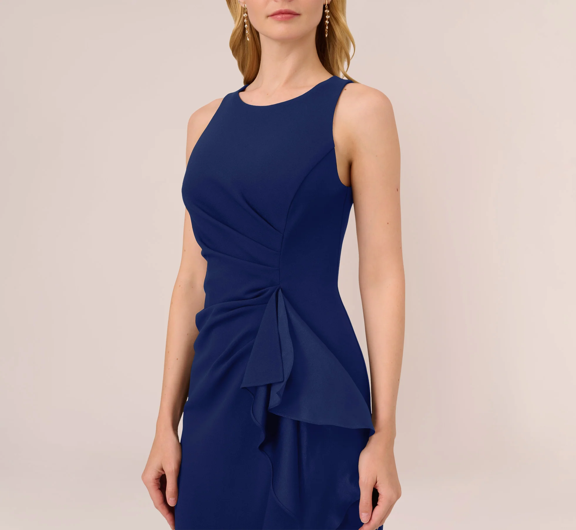 High Low Crepe Halter Gown With Organza Draping In Navy Sateen - Image 3