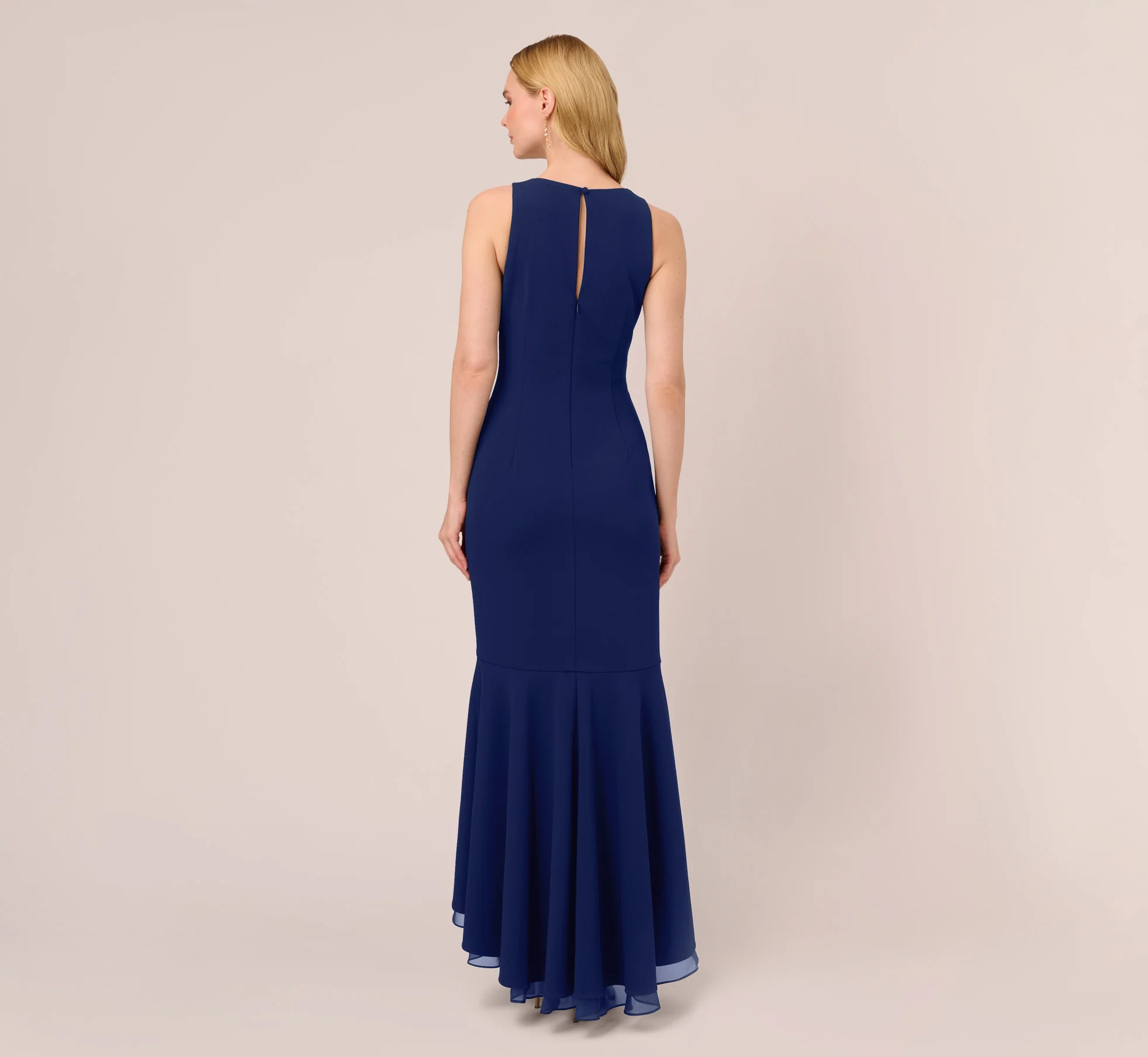 High Low Crepe Halter Gown With Organza Draping In Navy Sateen - Image 5