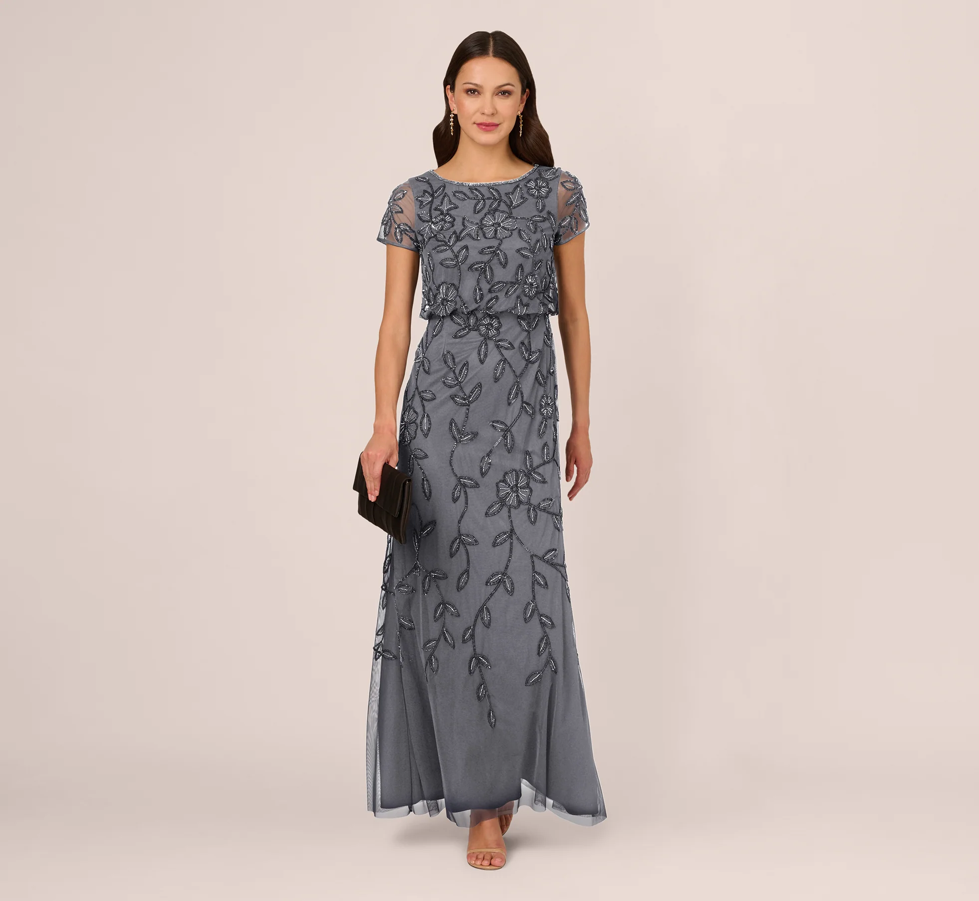 Jasmine Beaded Blouson Gown With Sheer Short Sleeves In Dusty Blue - Image 7
