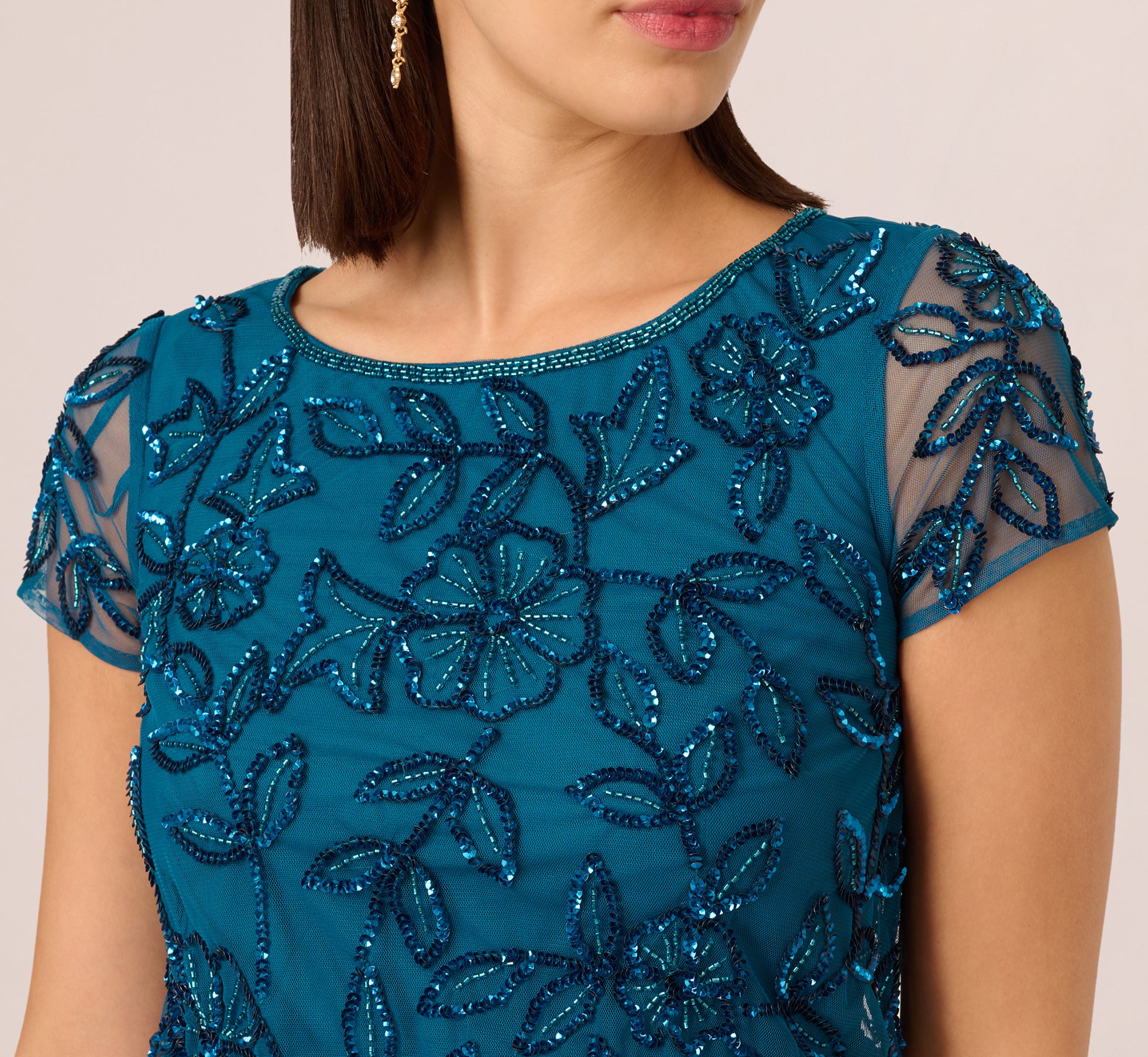 Jasmine Beaded Blouson Gown With Sheer Short Sleeves In Teal Sapphire - Image 3