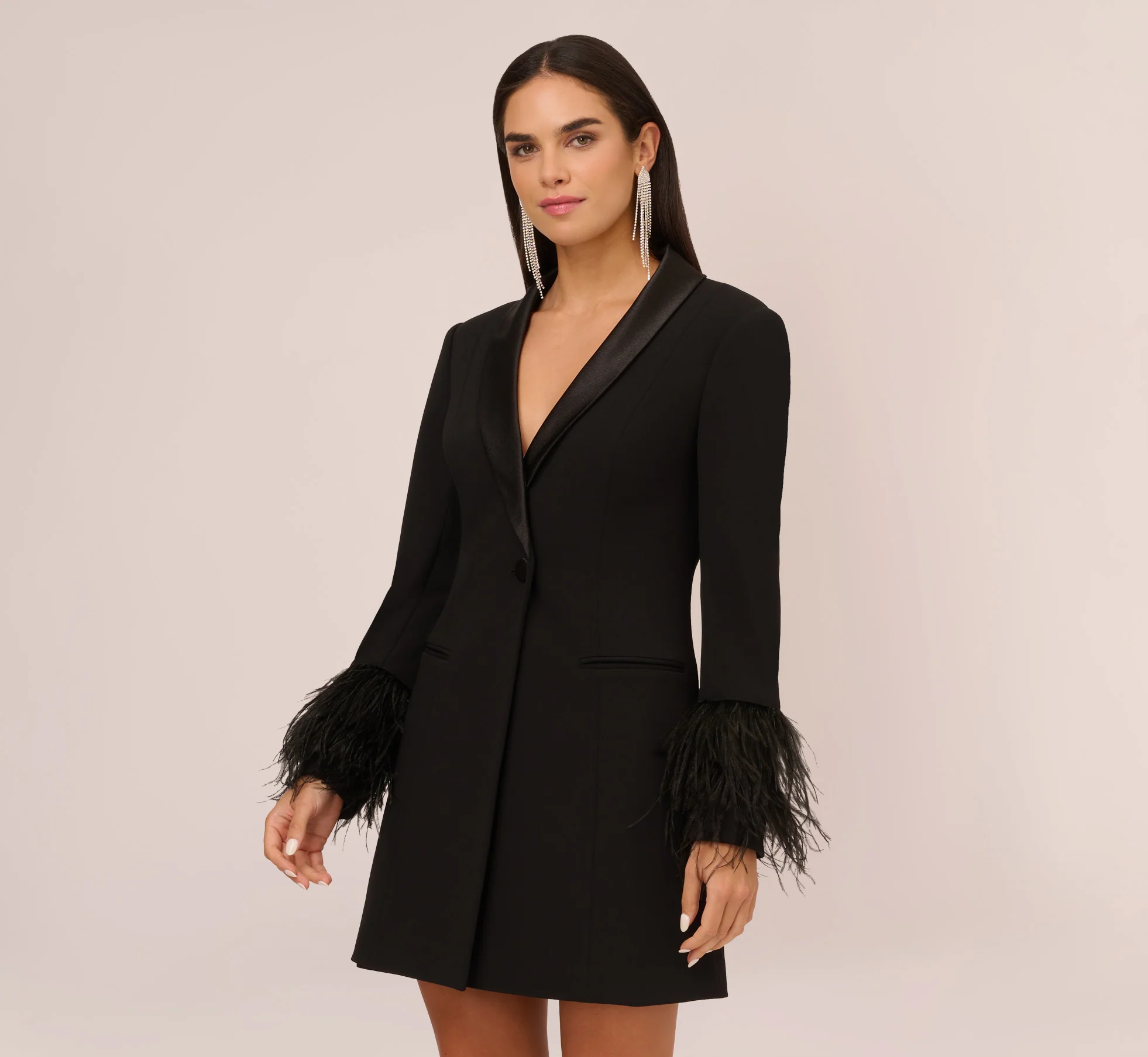 Knit Crepe Long Sleeve Blazer Dress With Feather Trim In Black - Image 2