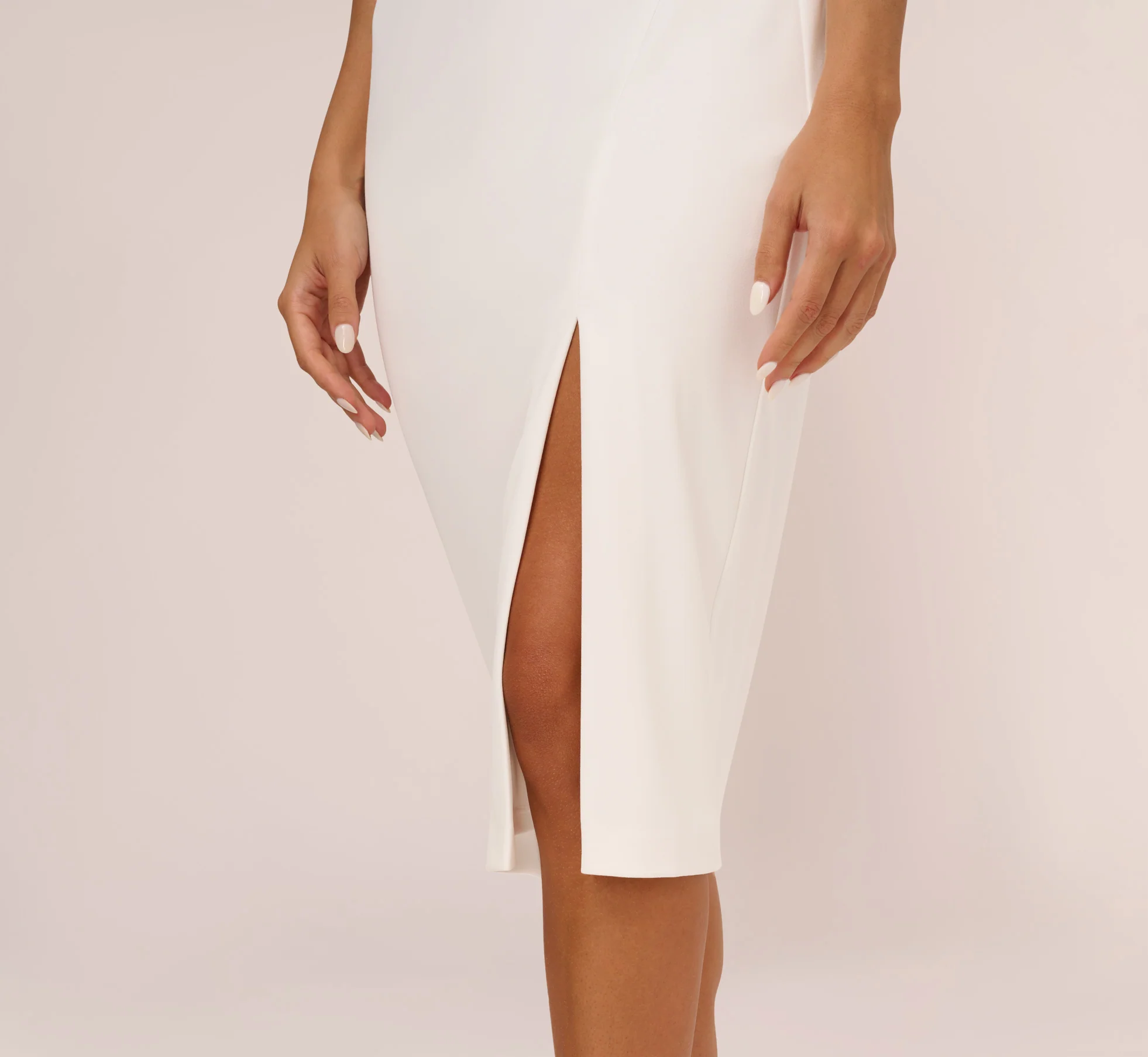 Knit Crepe Midi Dress With Feather Shoulder Accents In Ivory - Image 3