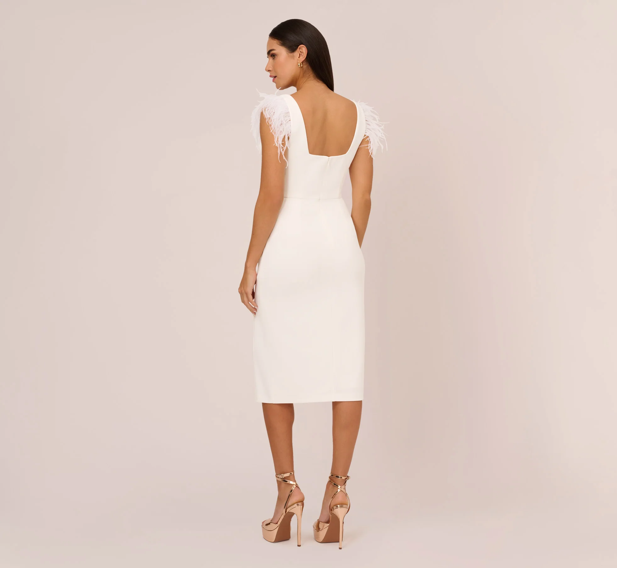 Knit Crepe Midi Dress With Feather Shoulder Accents In Ivory - Image 5