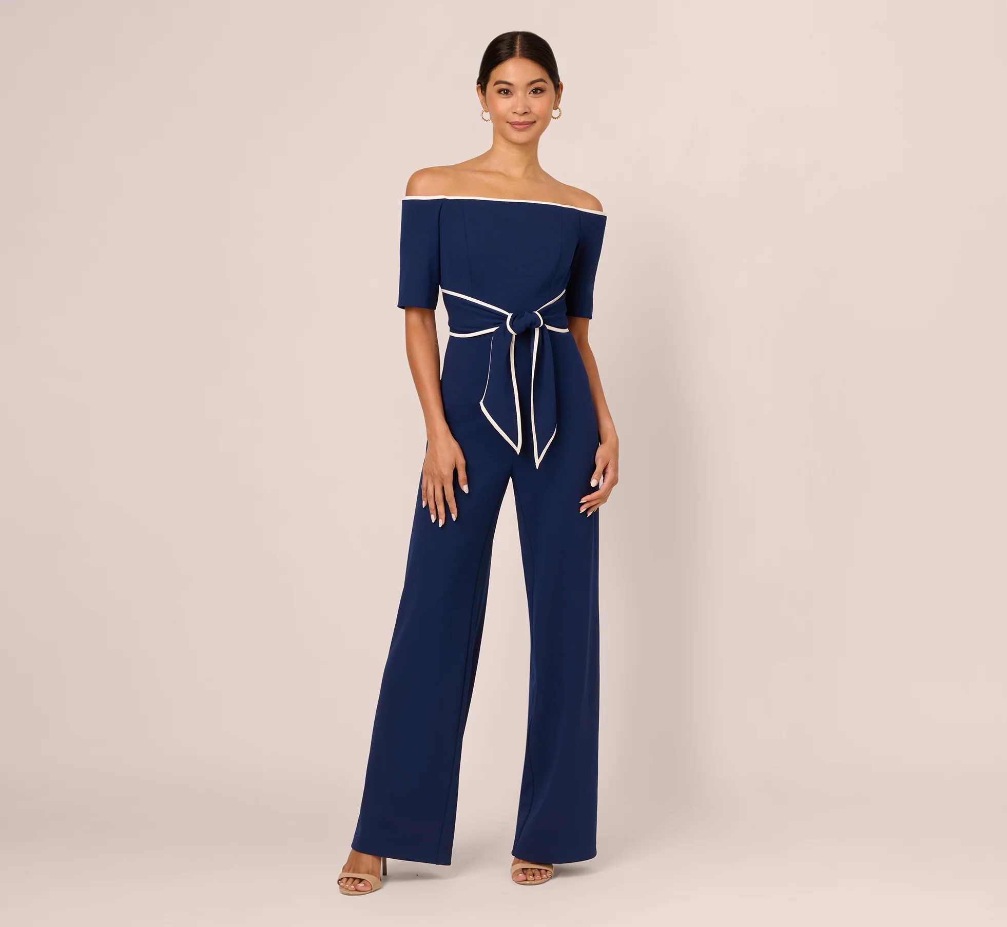 Knit Crepe Off-The-Shoulder Jumpsuit In Navy Sateen Ivory - Image 2