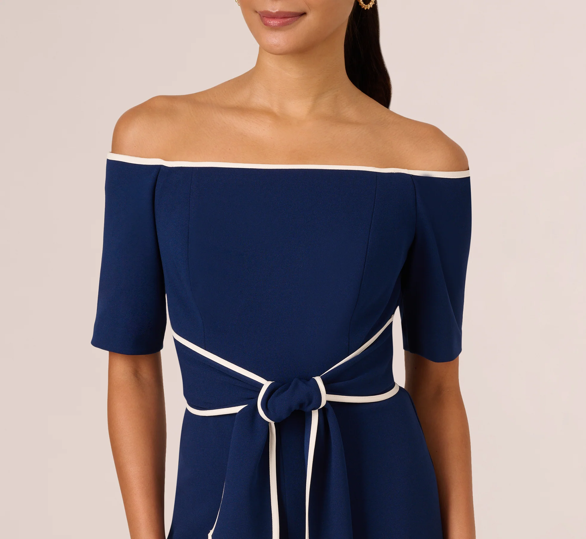 Knit Crepe Off-The-Shoulder Jumpsuit In Navy Sateen Ivory - Image 3