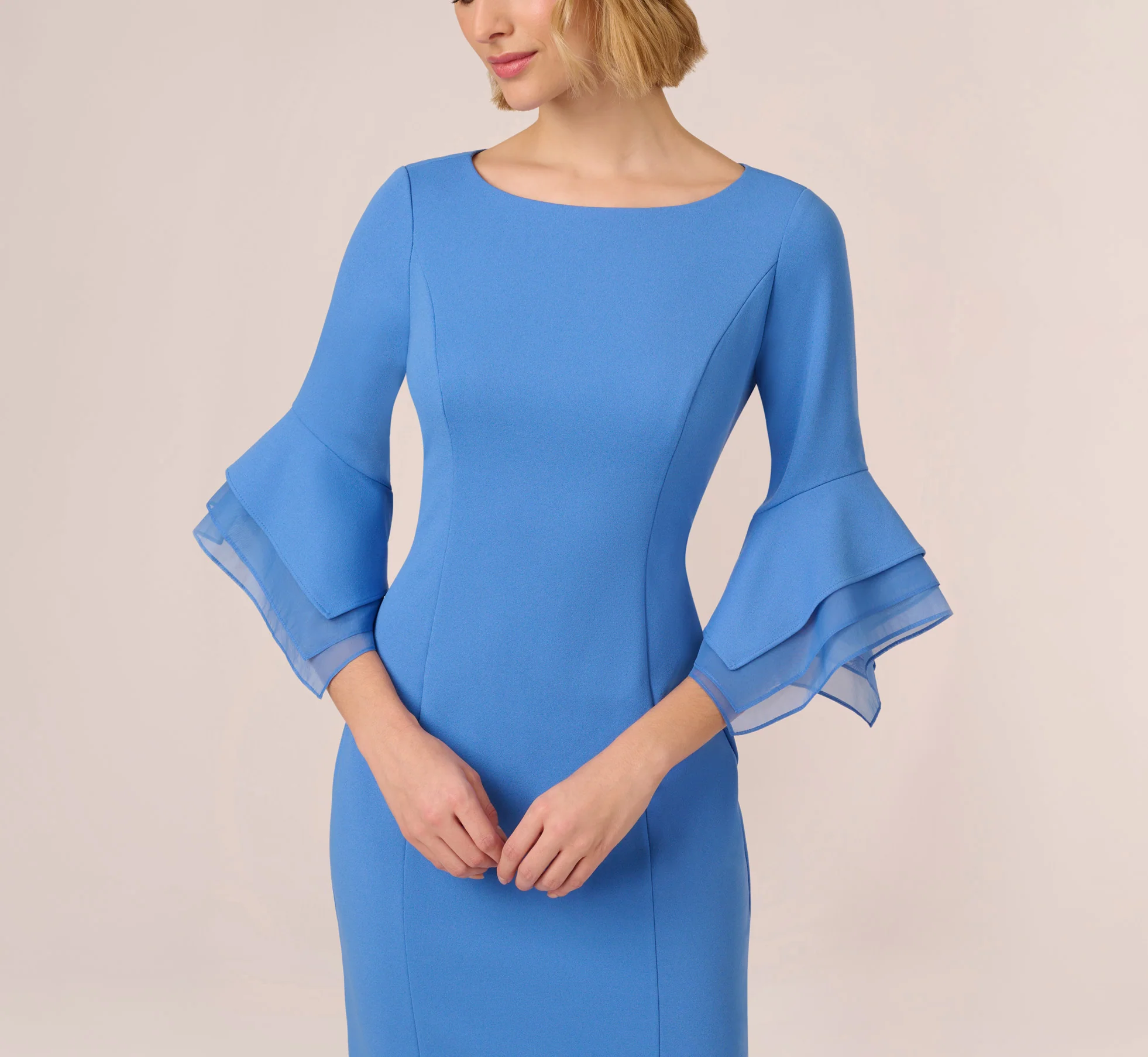 Knit Crepe Sheath Dress With Tiered Three Quarter Sleeves In Cool Water - Image 3