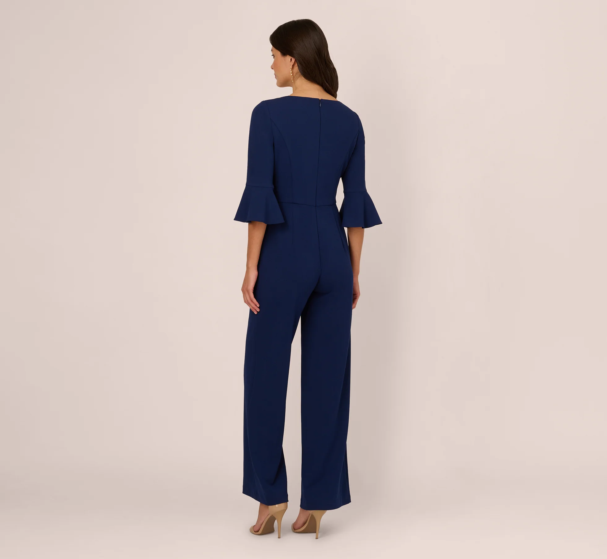 Knit Crepe Wide Leg Jumpsuit With Bell Sleeves In Navy Sateen - Image 5