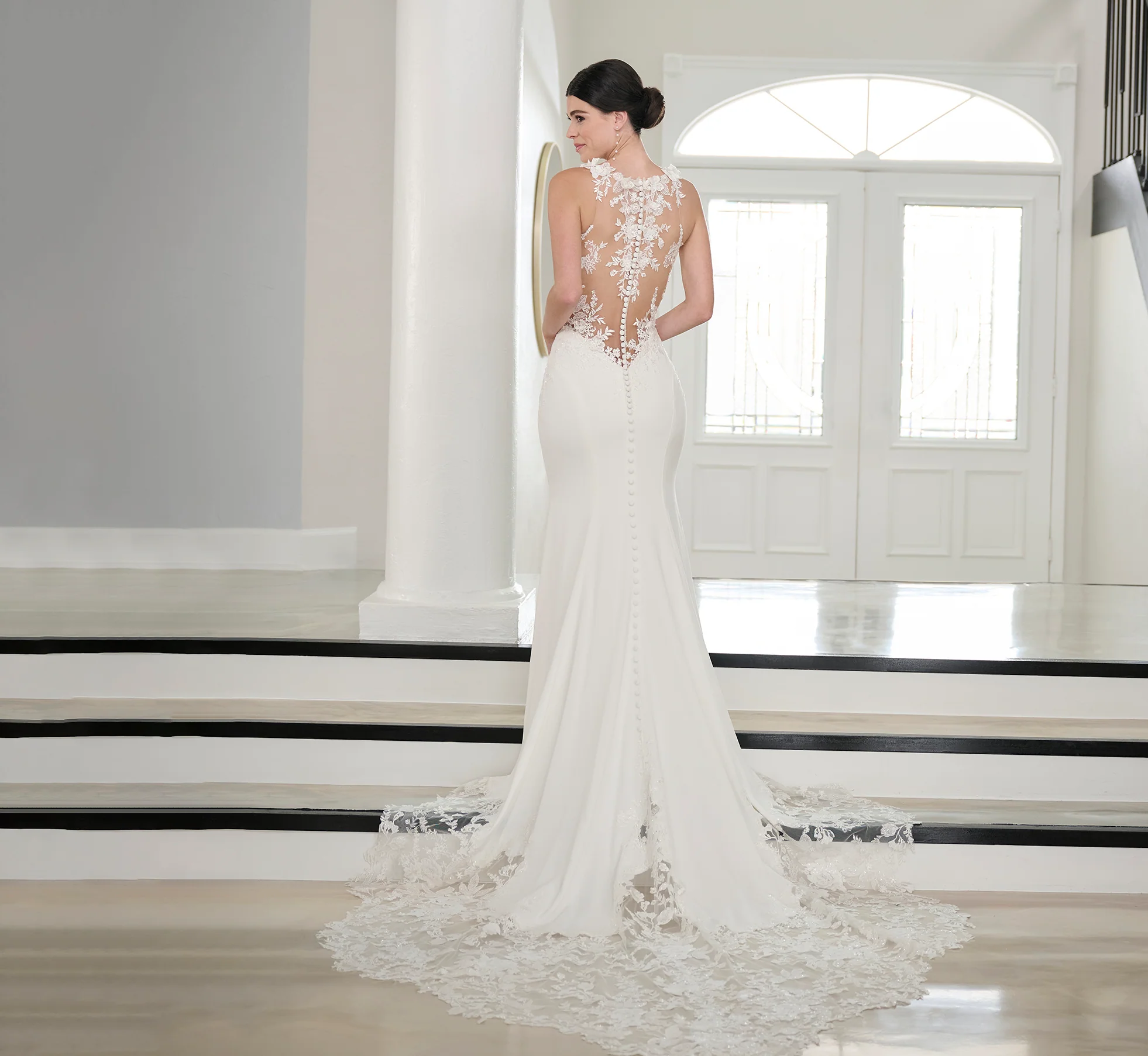 Lace And Stretch Crepe Gown In Ivory Nude - Image 3