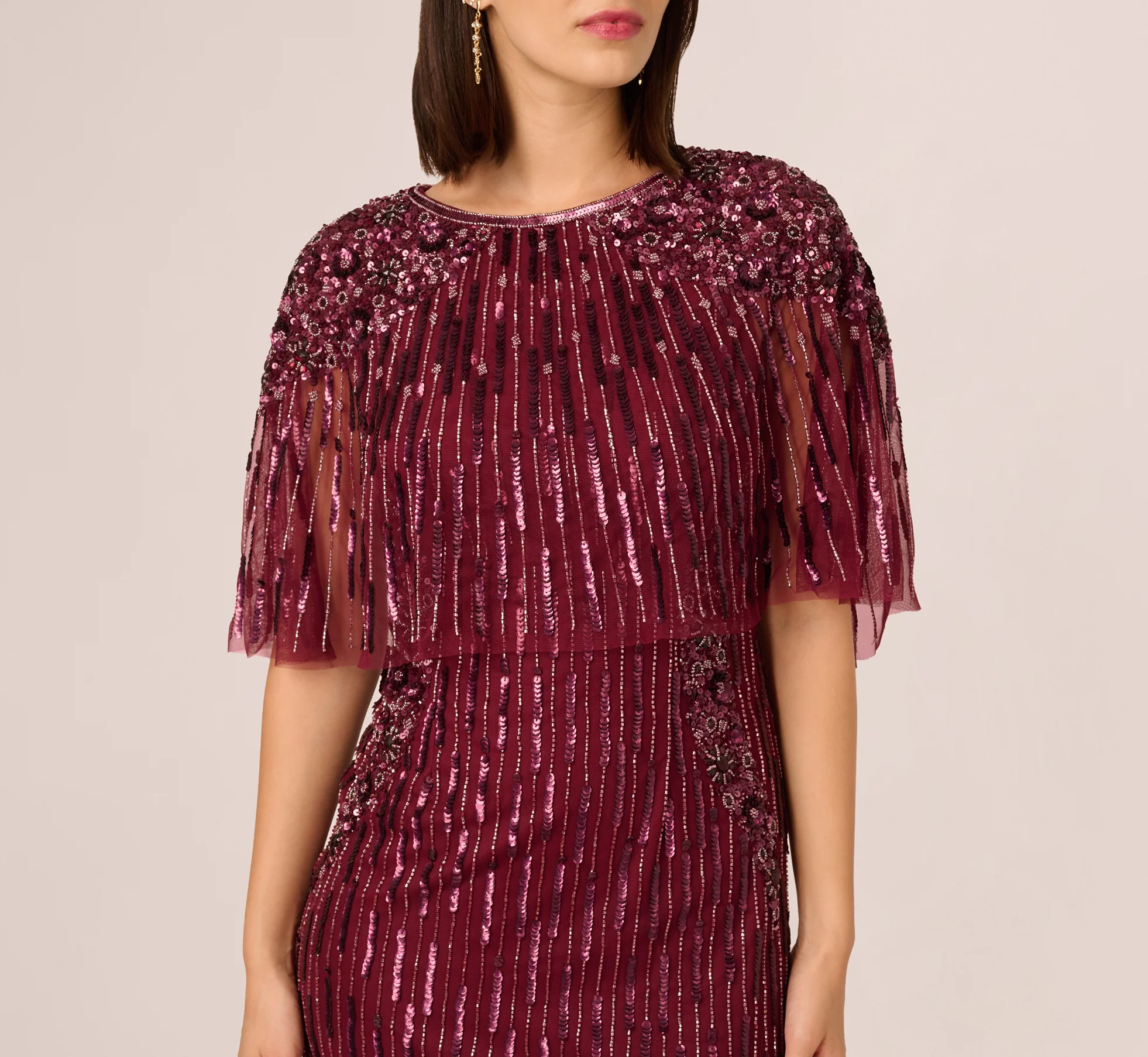Linear Bead Cape Column Gown In Mahogany - Image 3