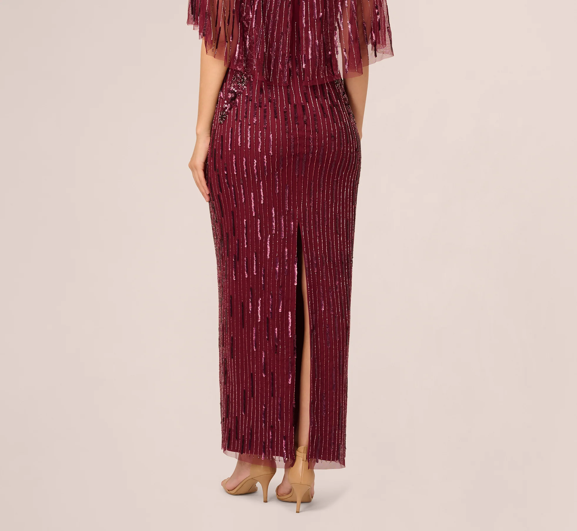 Linear Bead Cape Column Gown In Mahogany - Image 4